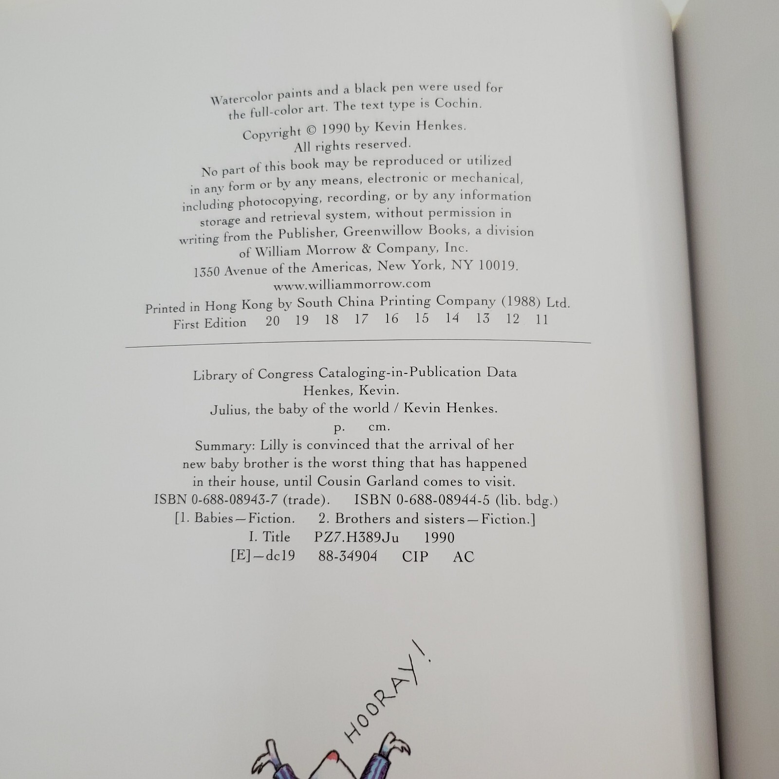 Signed w Art Kevin Henkes 1st Ed Book Julius The Baby of the World To Nancy EUC