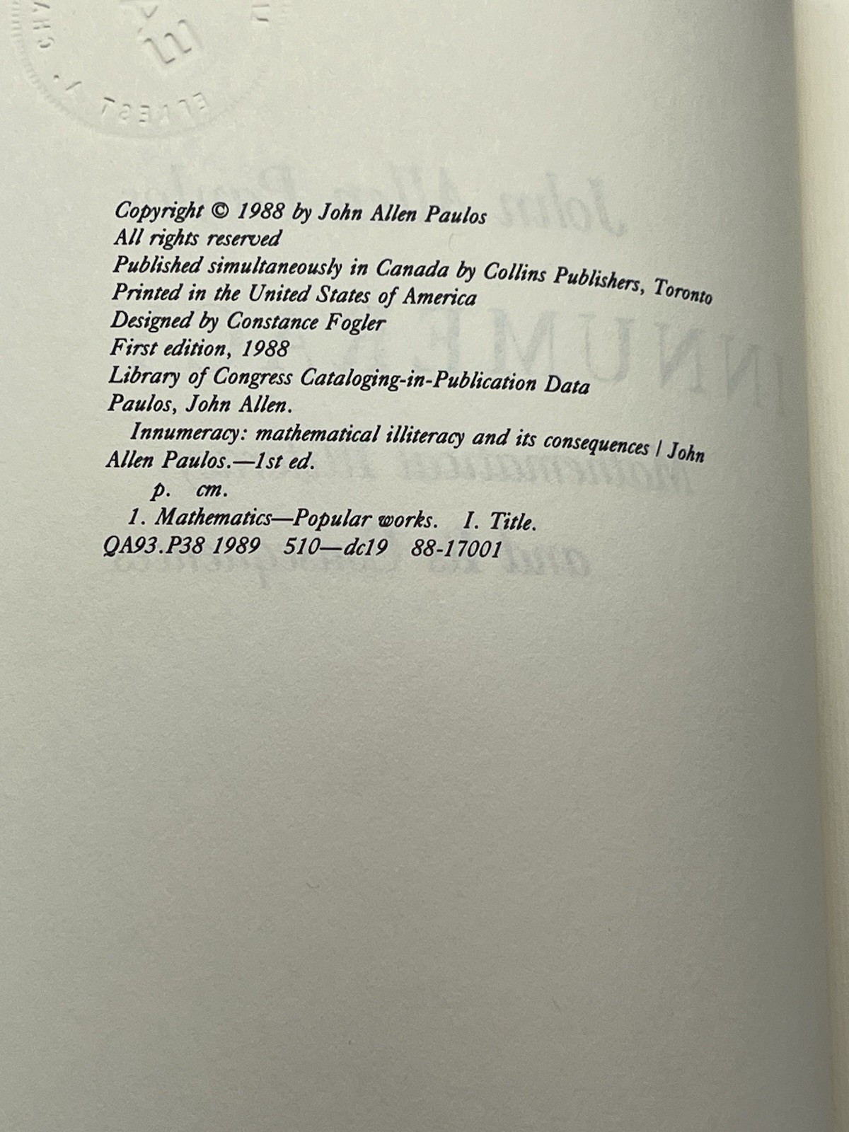 INNUMERACY JOHN ALLEN PAULOS 1988; 1ST EDITION HARDCOVER BOOK MATHEMATICS MATH