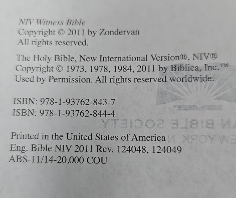 NIV Holy Bible 2011 Black Zondervan 8.75” X 5.5” -American Bible Society