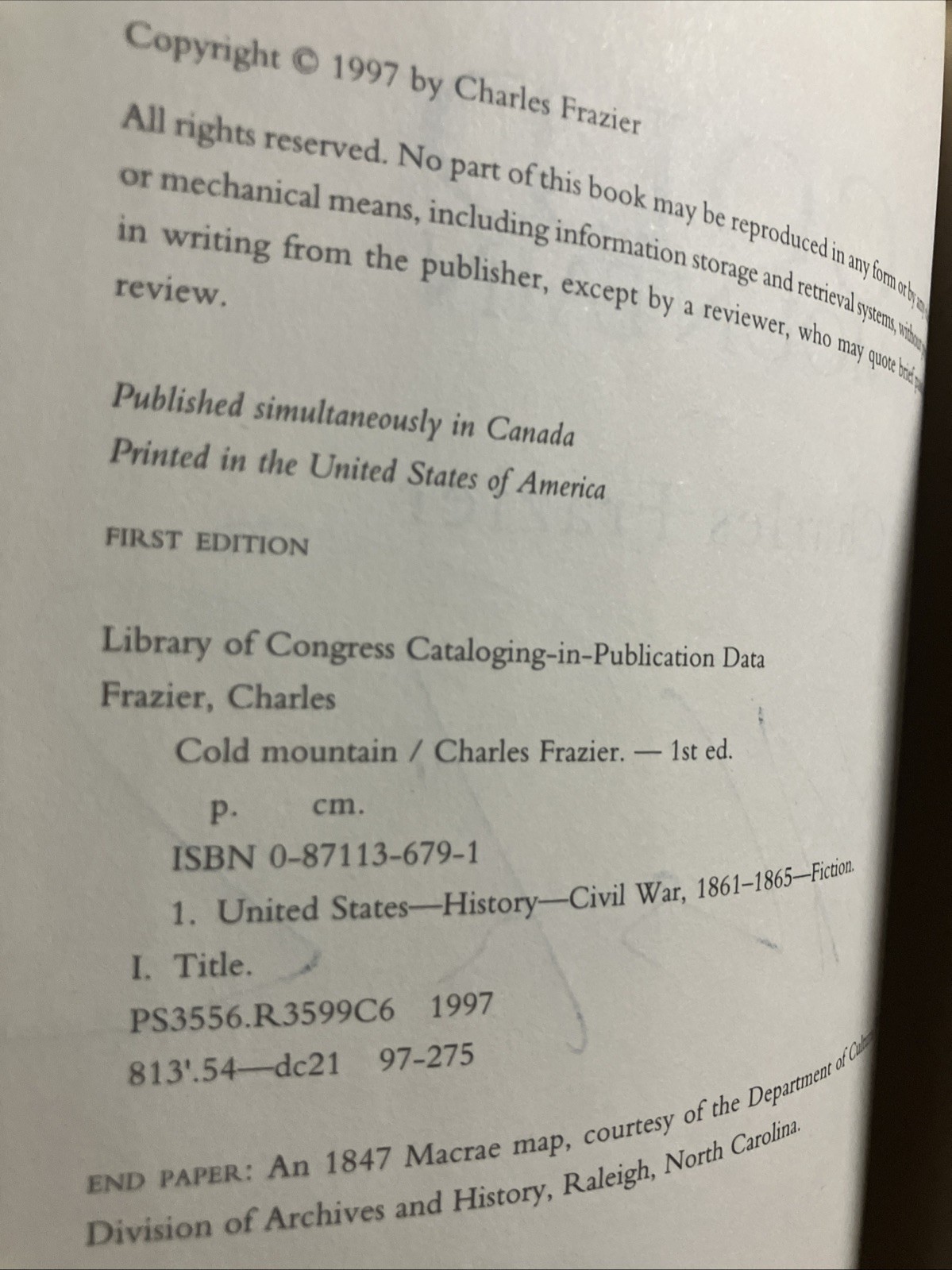 Signed Charles Frazier “Cold Mountain” 1st Edition Ex