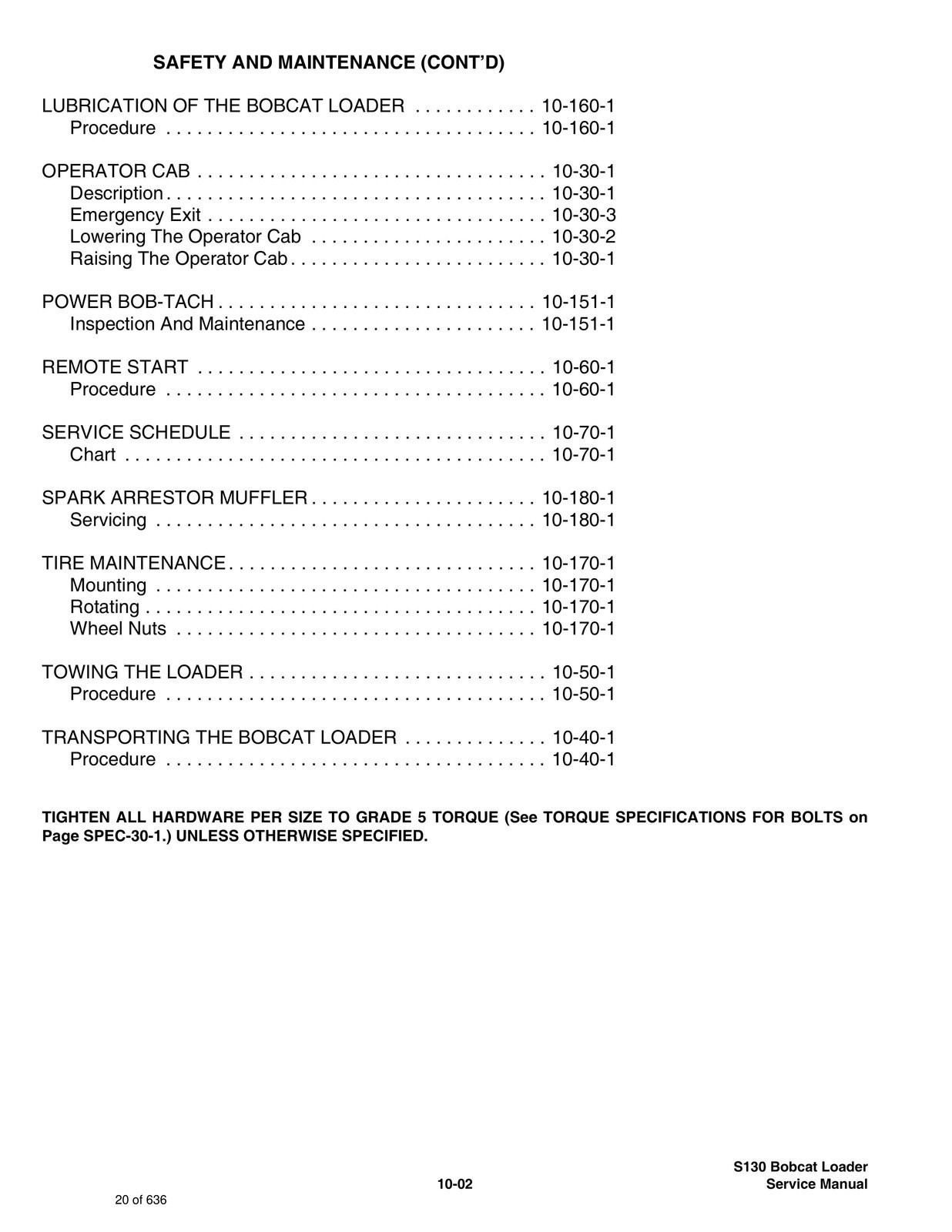 BOBCAT S130 Loader SN 524611001 and up Service Manual , BOUND, COVERS, FOLDOUTS