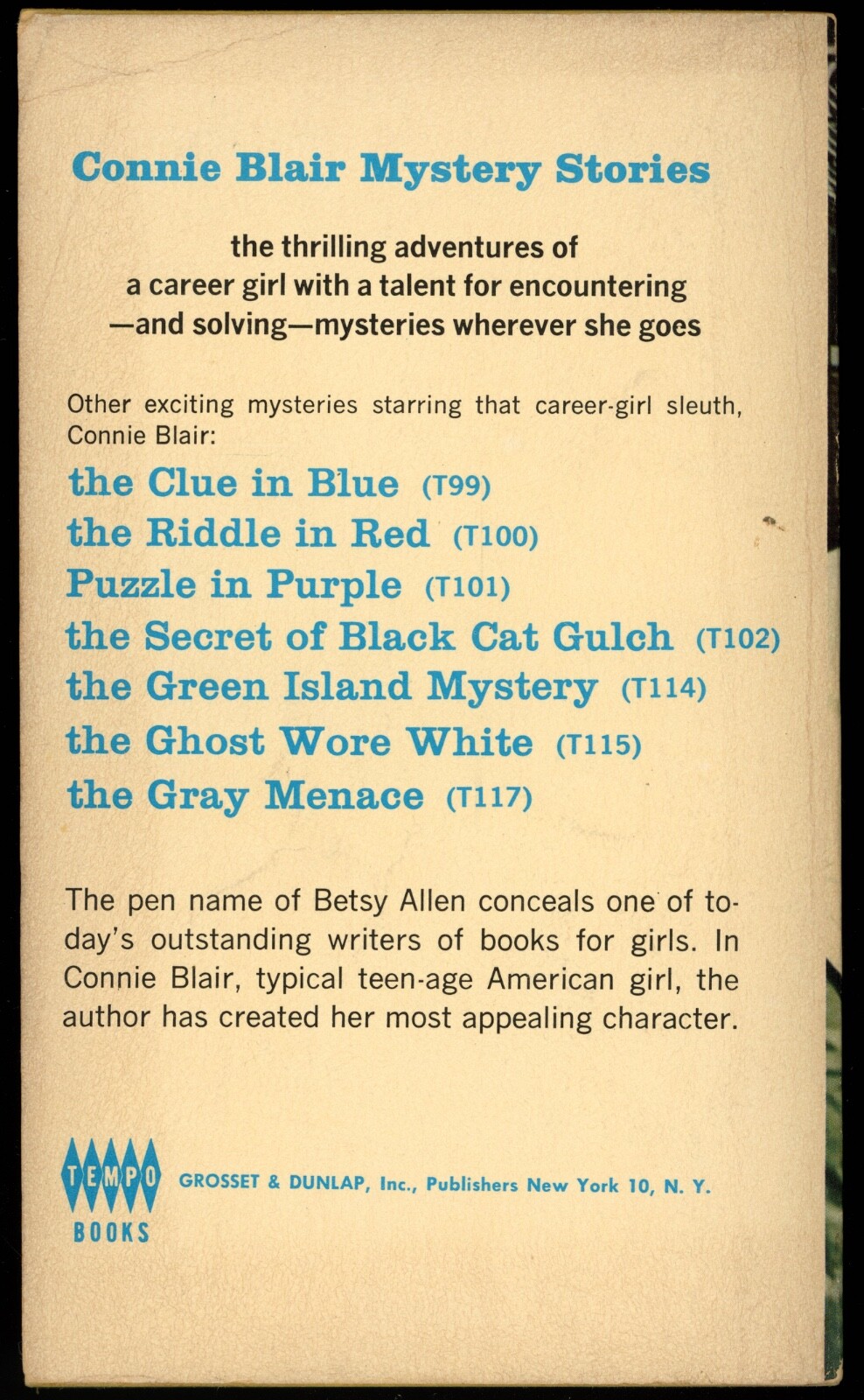 The Yellow Warning: A Connie Blair Mystery by Betsy Allen / Tempo Books (1966)