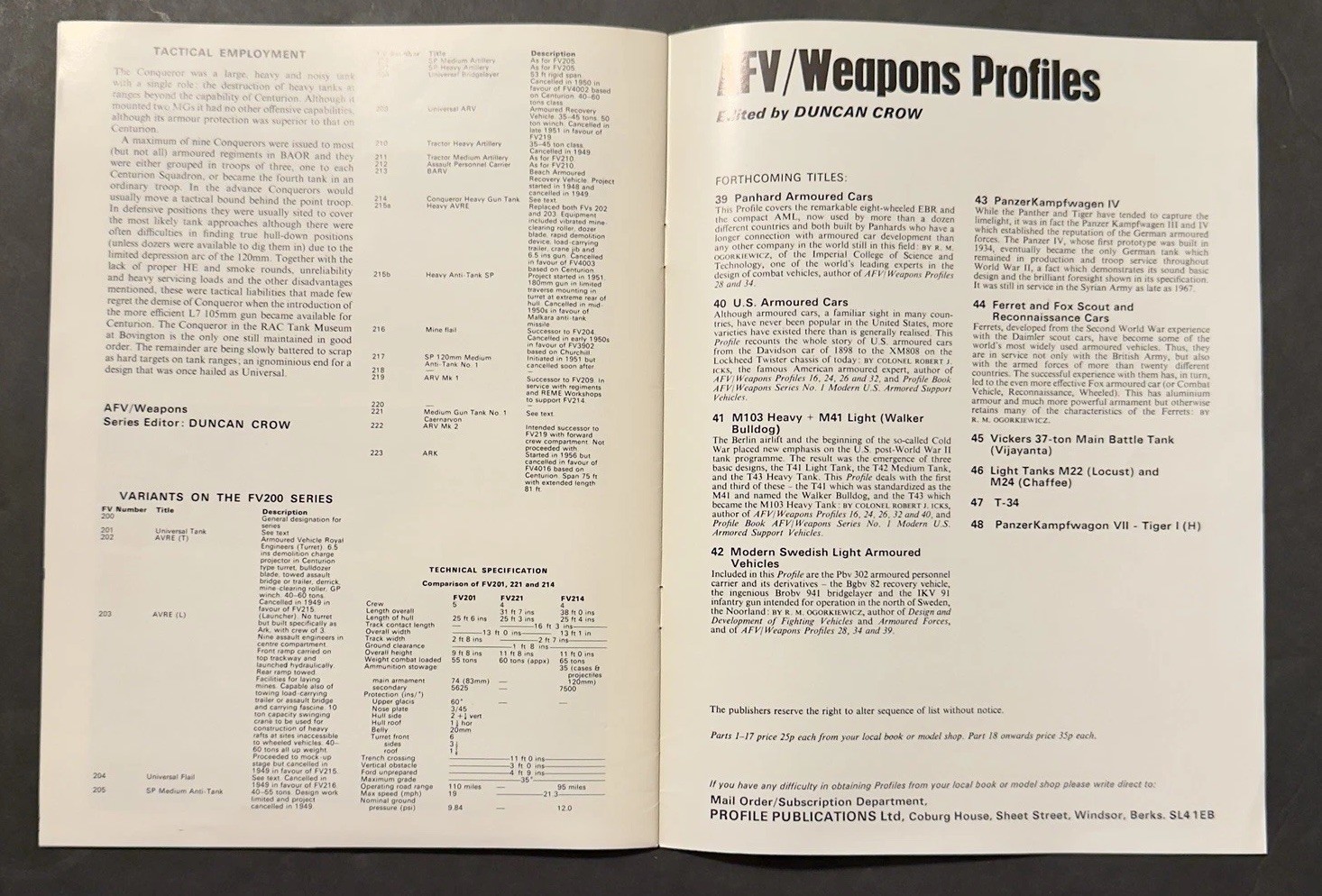 AFV Weapons Profile No. 38 Conqueror Heavy Gun Tank 1972 1st Ed. Reference-Vtg