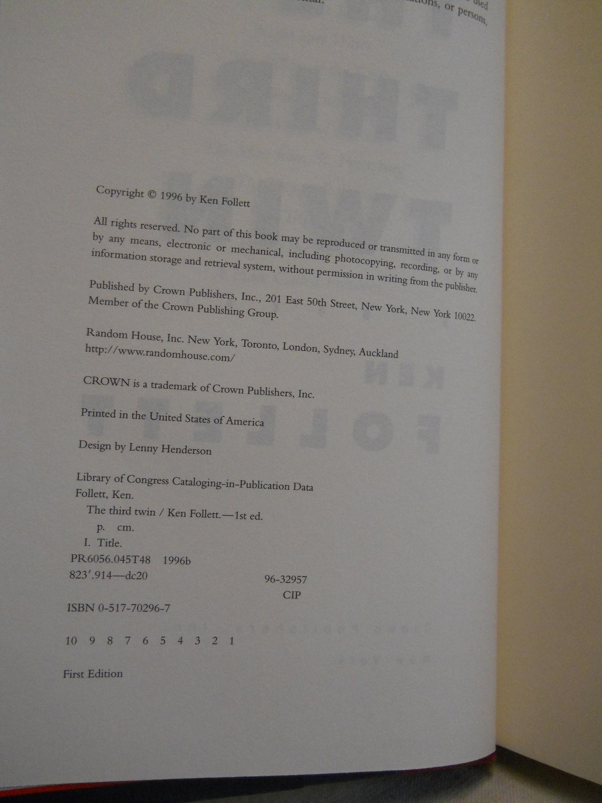The Third Twin by Ken Follett (1996, Hardcover, First Edition)
