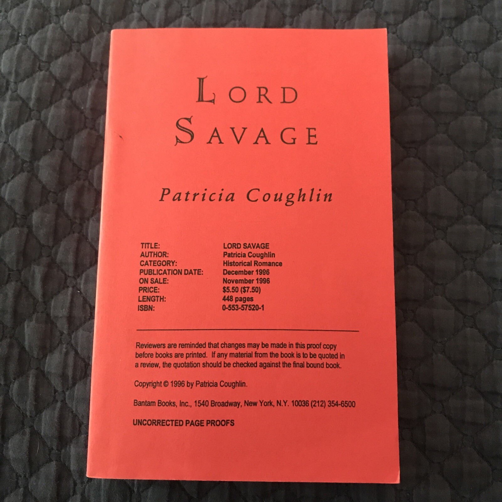 Lord Savage by Patricia Coughlin, Uncorrected Proof, First Edition 437 Pages