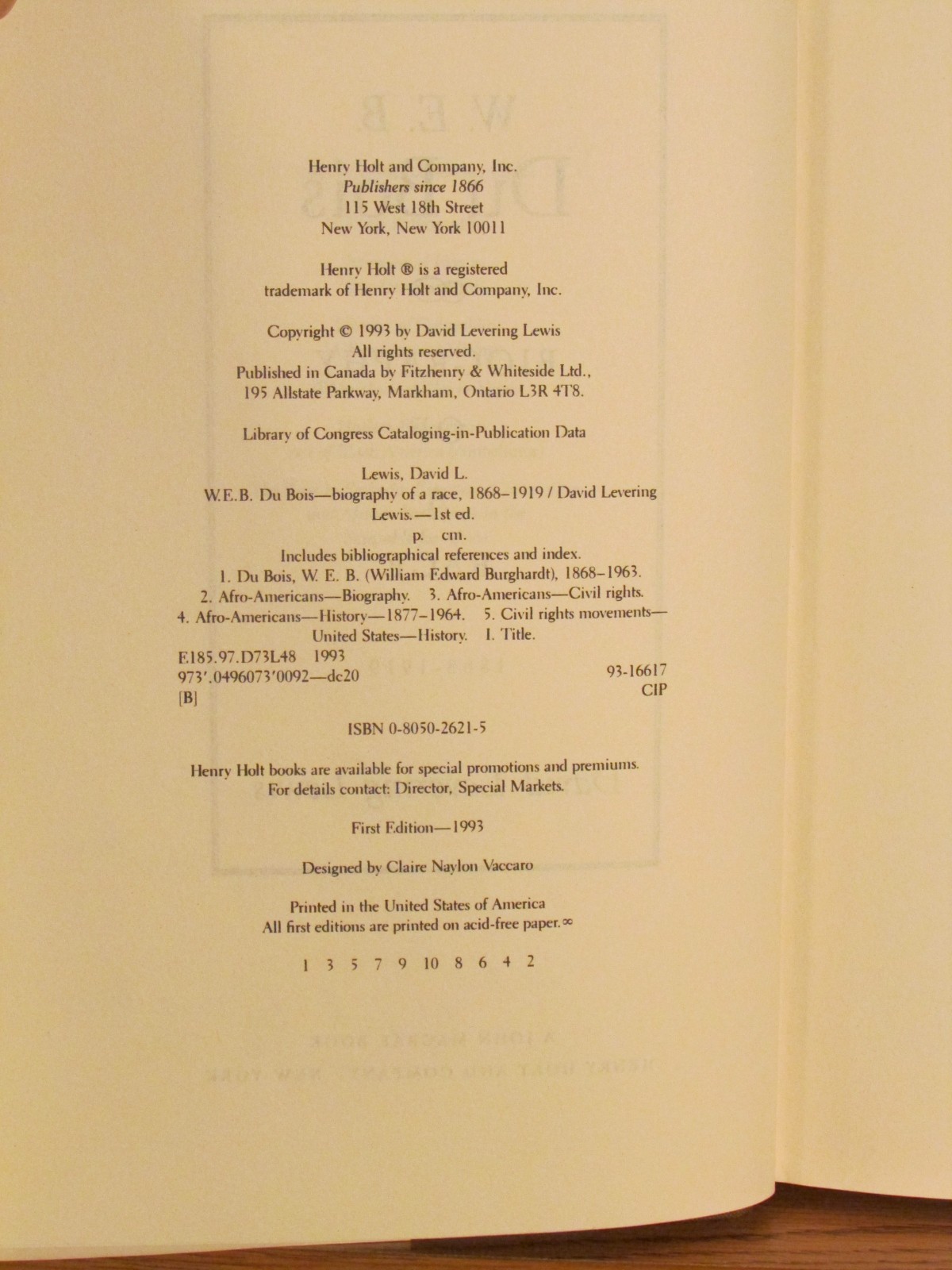 David Levering Lewis, W. E. B. Du Bois, *Signed* 1st/1st F/F Race Civil Rights
