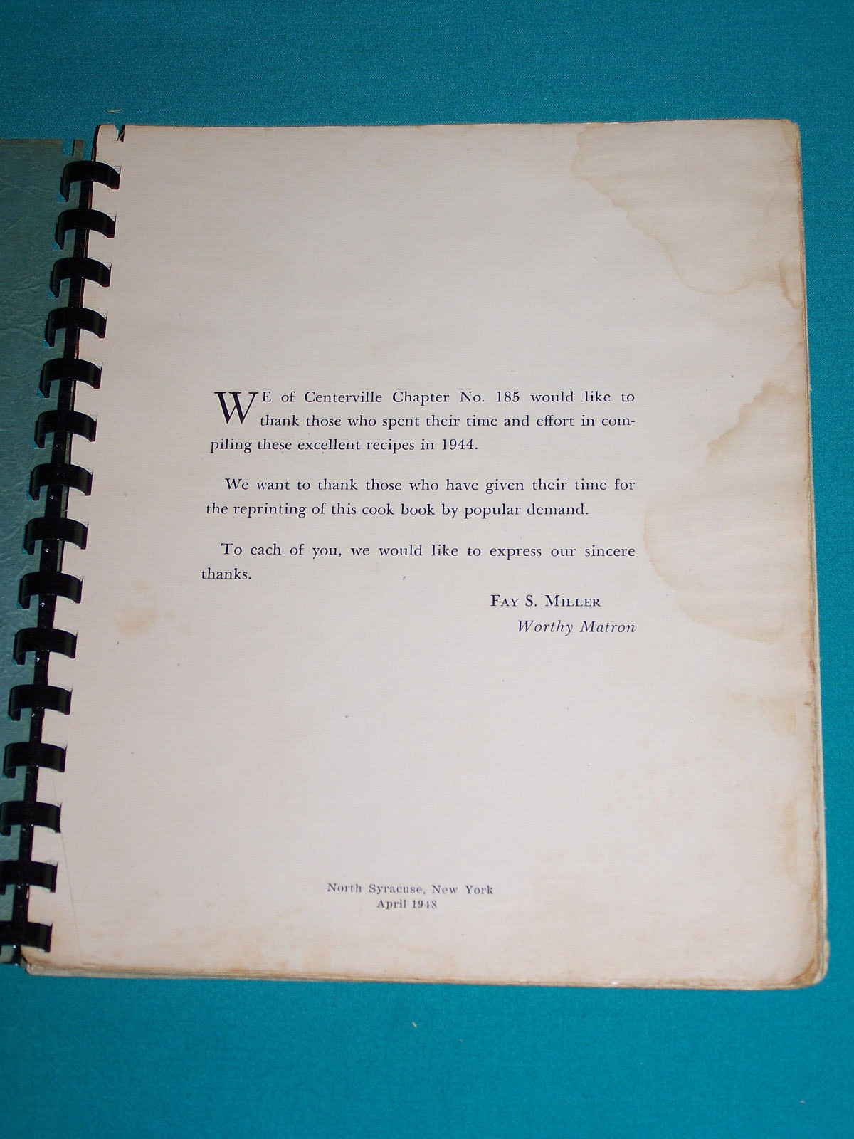 Centerville Chapter 185 O.E.S. Cookbook 1948 North Syracuse New York