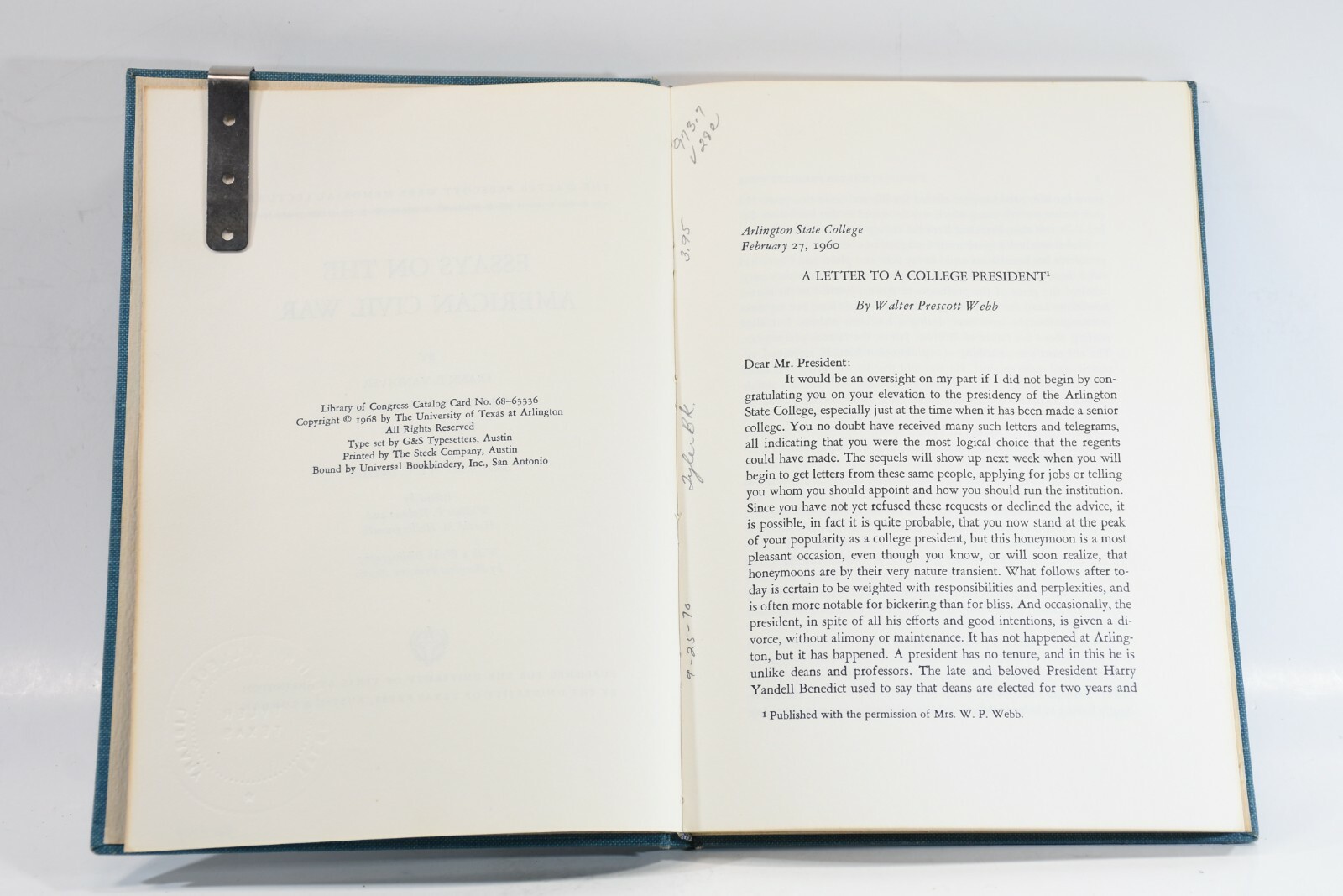 Walter Prescott Webb Memorial Lectures 1968 UT Arlington Hardcover US Civil War