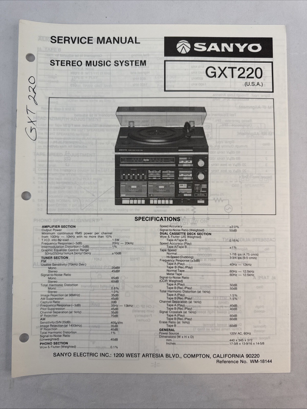Vintage Sanyo Service Manual Model Number GXT 220