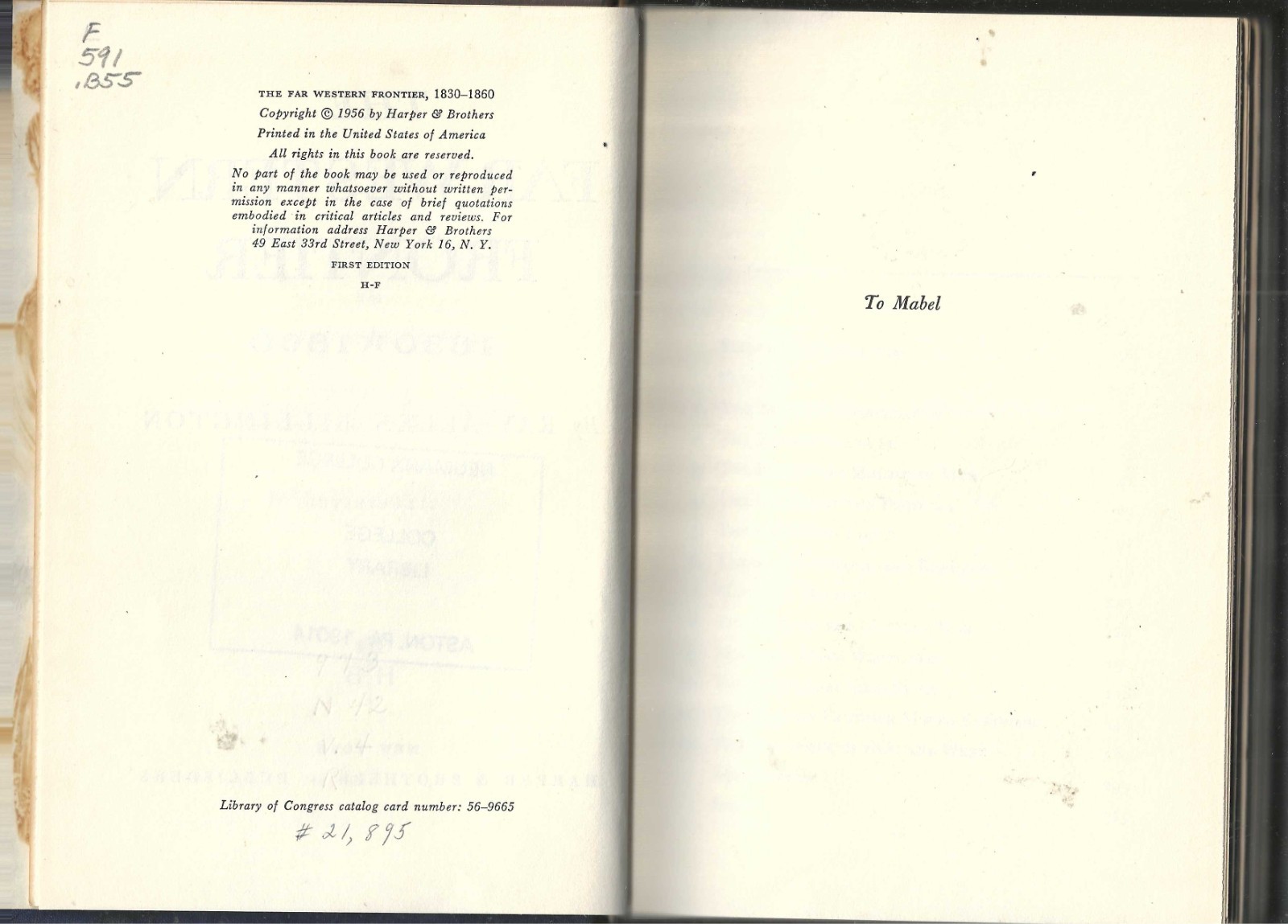 1956 Hardback-First Edition- Far Western Frontier by Ray allen Billington-Good