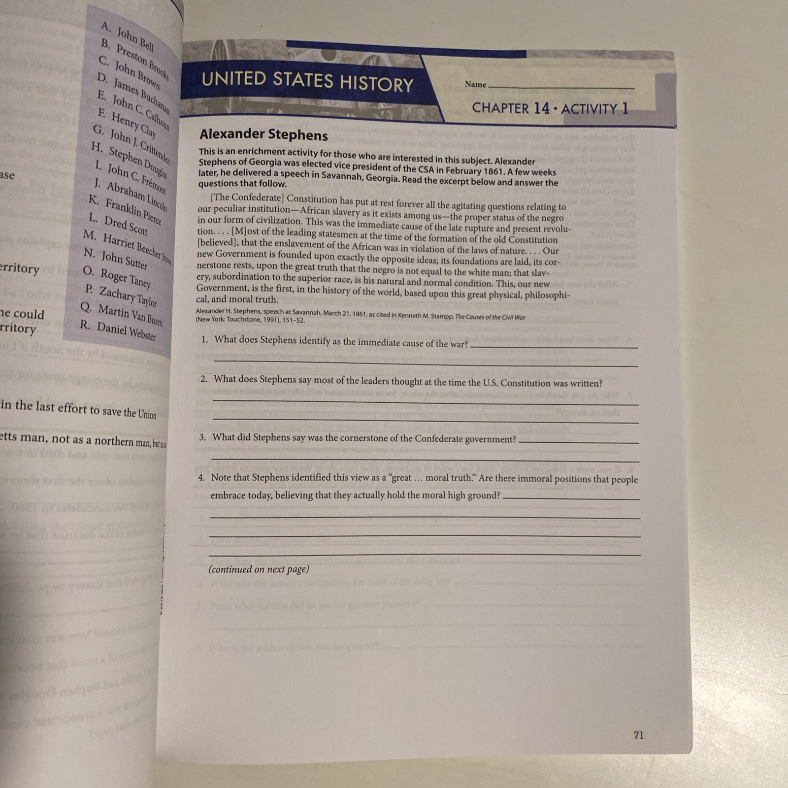 BJU Press United States History Student Activity & Answer Key No Writing