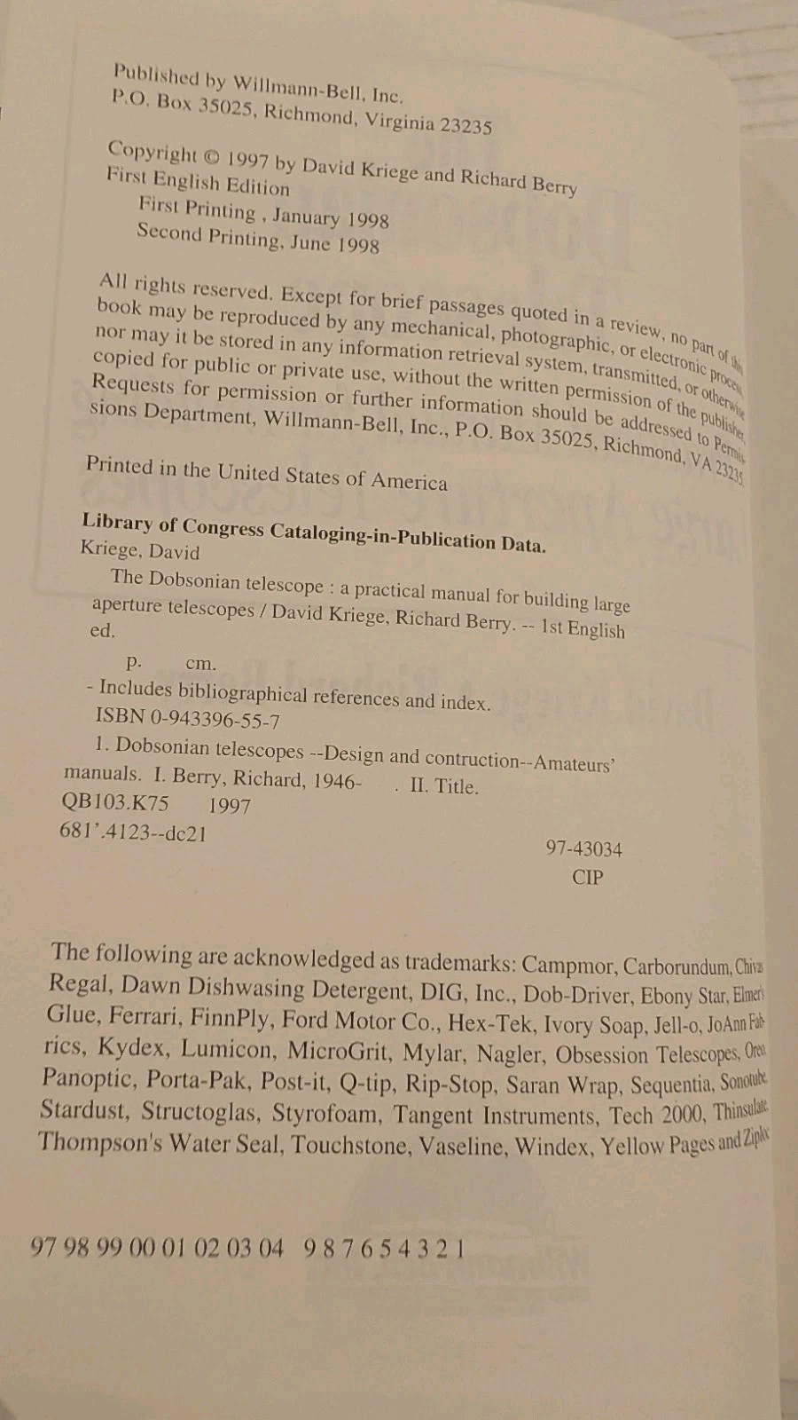 The Dobsonian Telescope 1st Edition 1998 Hardcover Kriege Berry Astronomy Manual