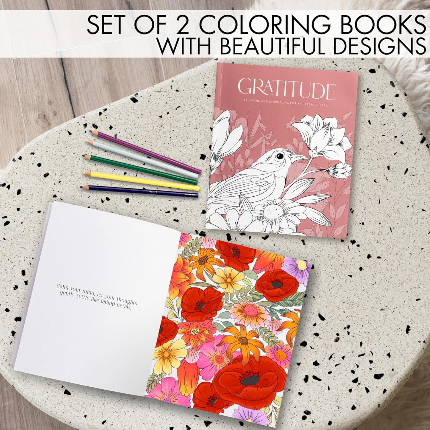 Beautiful Adult Coloring Book Set of 2 for Relaxation – Gratitude