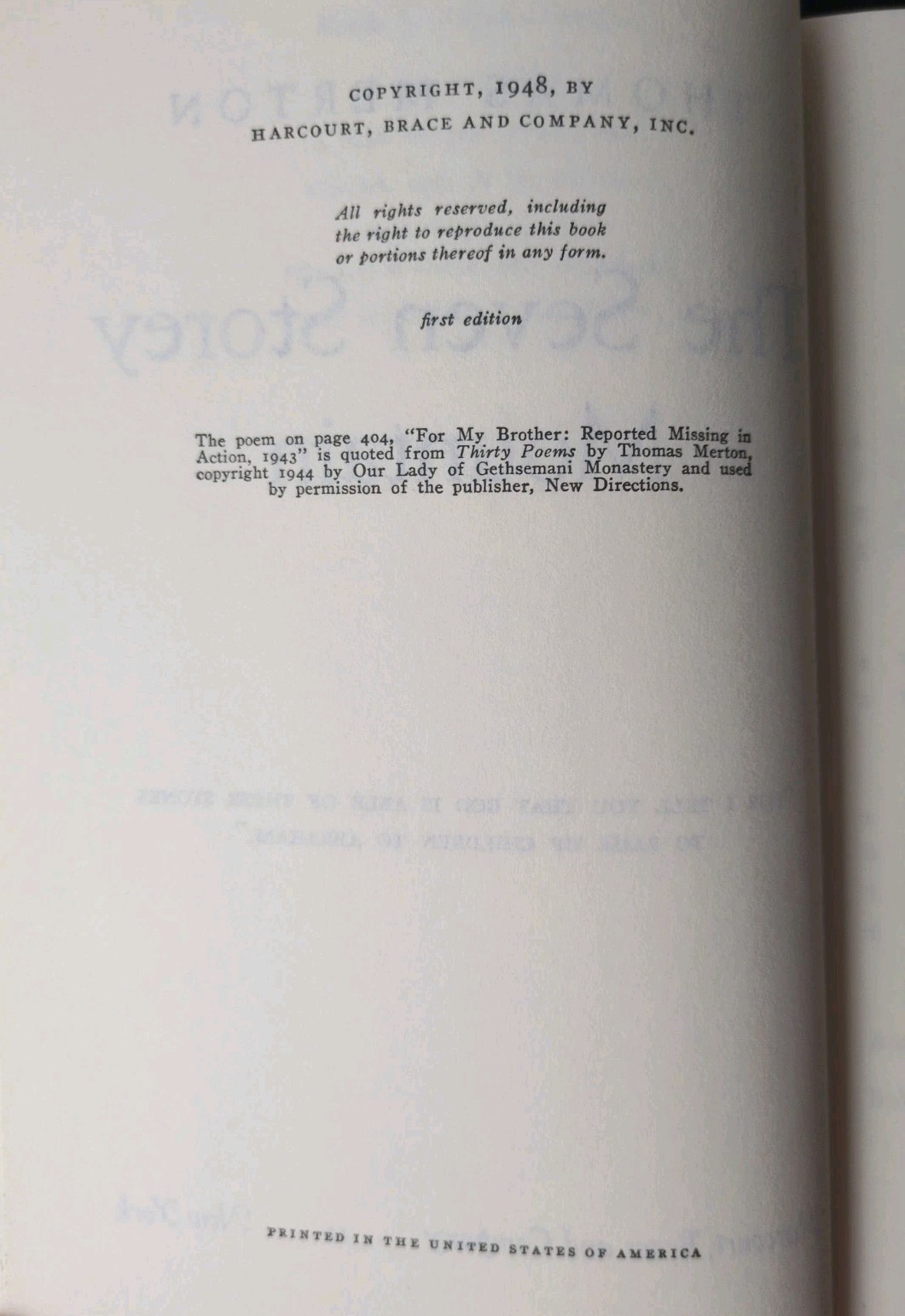 The Seven Storey Mountain by Thomas Merton 1948 First Edition Harcourt Hardcover