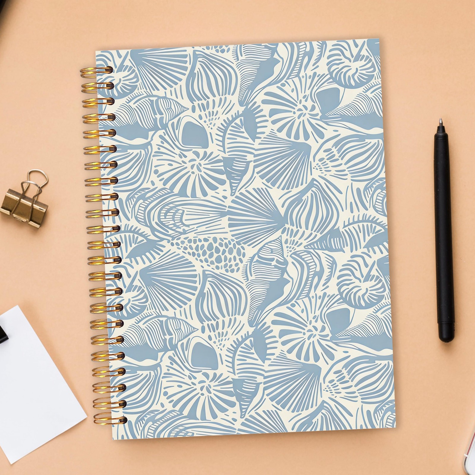 Light Blue Seashell Beach Spiral Notebook 5.5×8.3 in, Preppy Beach Coastal Oc…