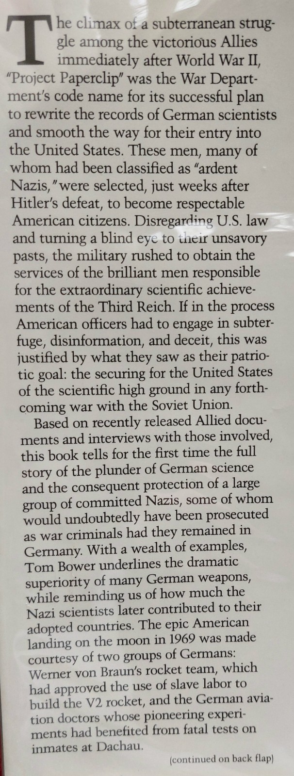 THE PAPERCLIP CONSPIRACY HUNT FOR NAZI SCIENTIST TOM BOWER 1987 HC/DJ