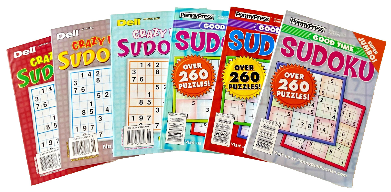 NEW Lot 6 Penny Press Dell Good Time Crazy For Sudoku Puzzle Books 260 In Each!
