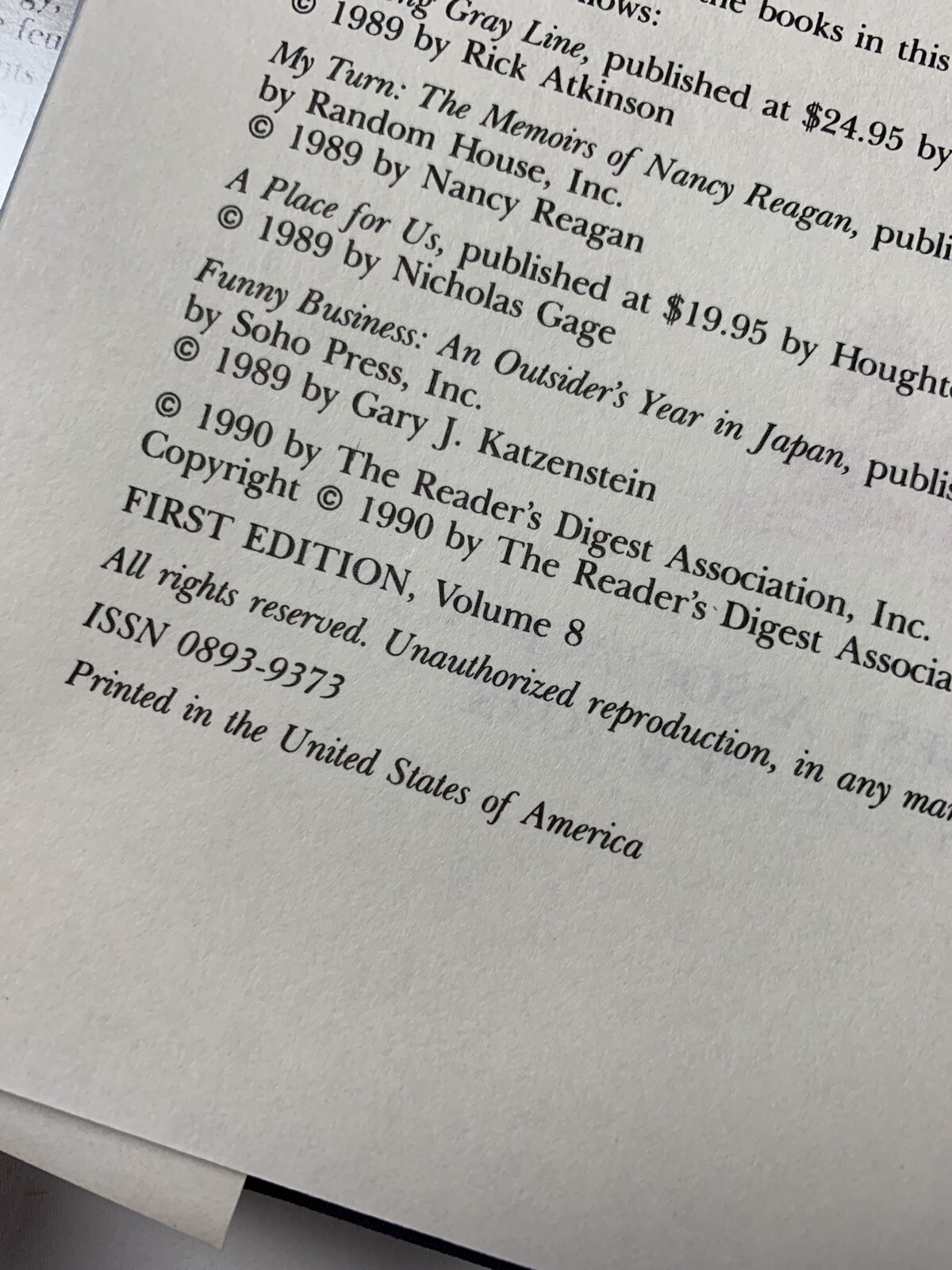 Reader’s Digest TODAY’S BEST NONFICTION Vol 8 1990 FIRST EDTION HC/DJ