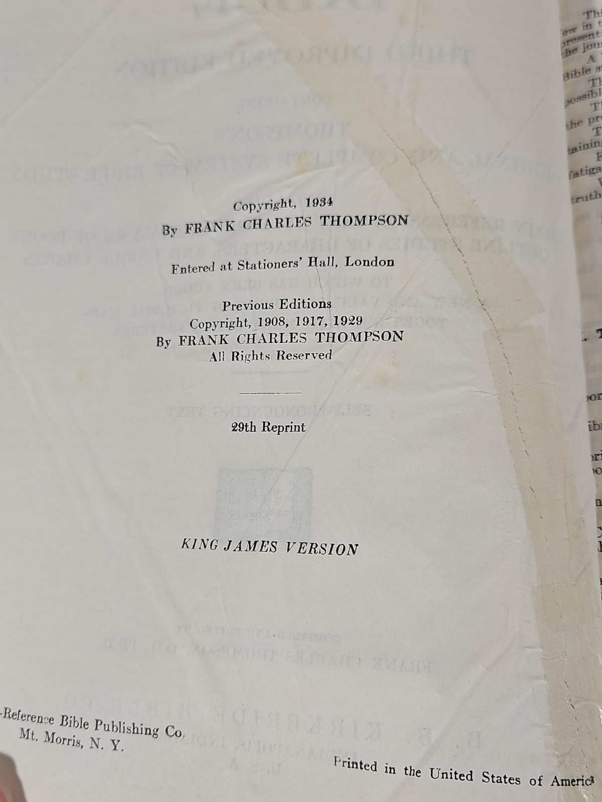 The New Chain Reference Bible THOMPSON 1934 3rd Improved Edition / 29th Reprint