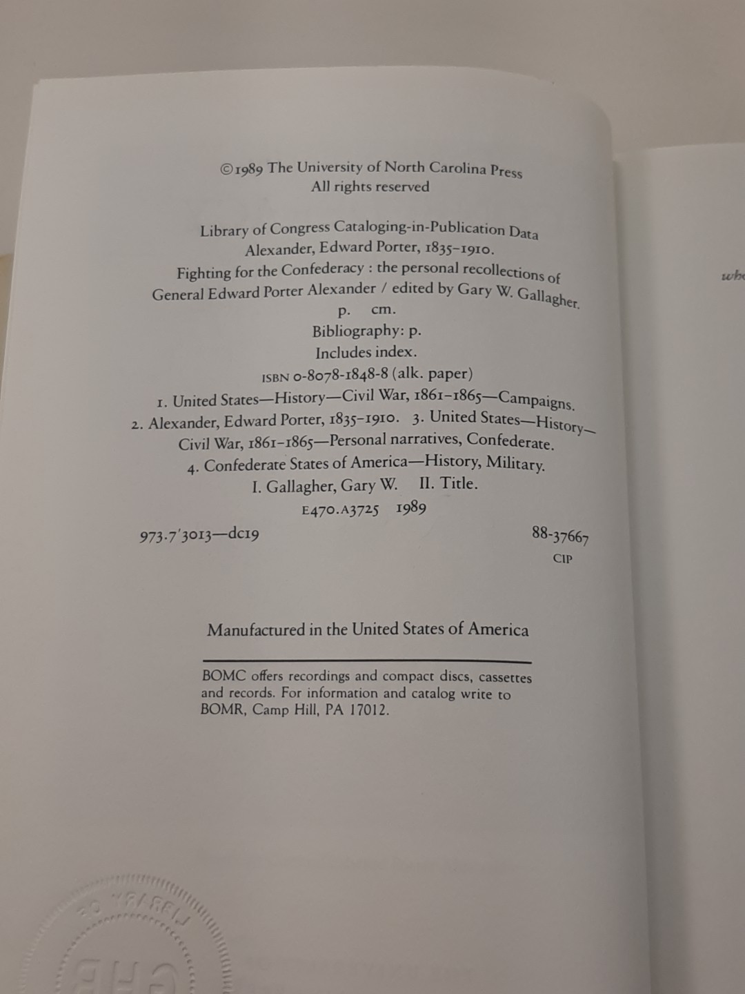 Fighting for the Confederacy Gary W. Gallagher Hardcover 1989 Autographed