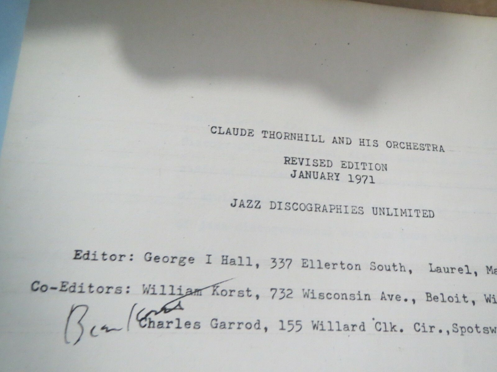 Claude Thornhill Discography, Jazz Discographies Unlimited 24 pages circa 1971