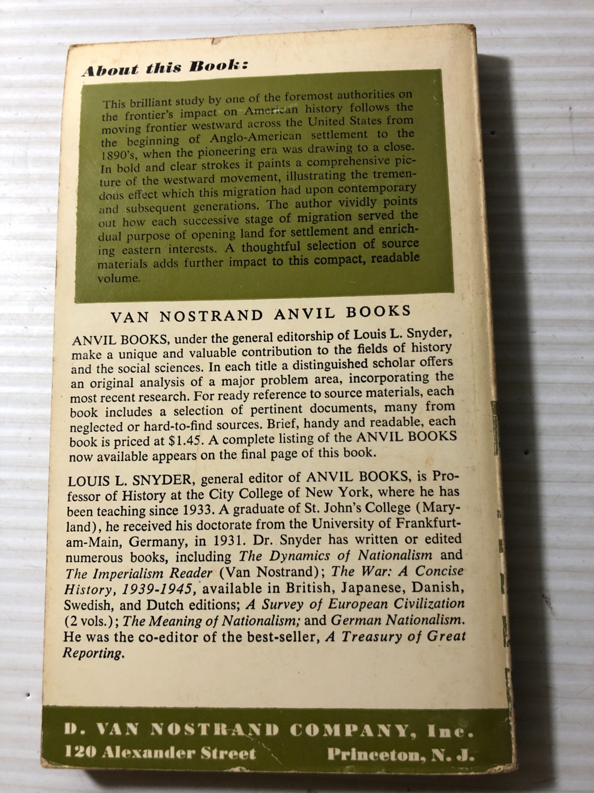 b Ray Allen Billington THE WESTWARD MOVEMENT in the UNITED STATES 1959 Nostrand