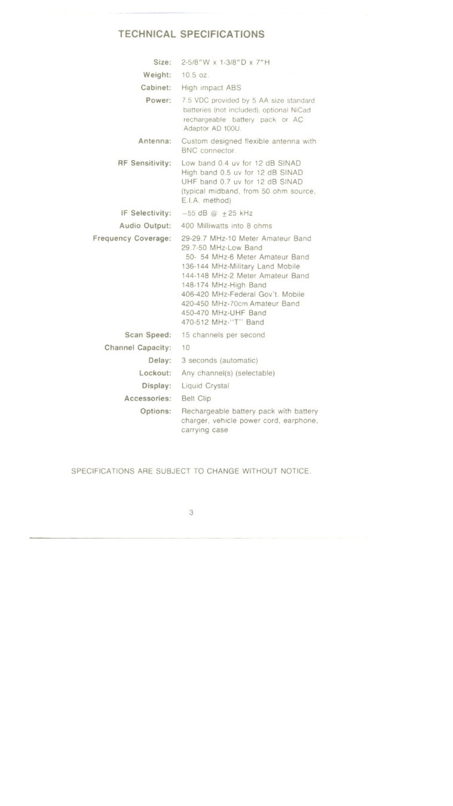 UNIDEN Bearcat BC 50XL Scanner Operating Instructions Manual – WIRE BOUND