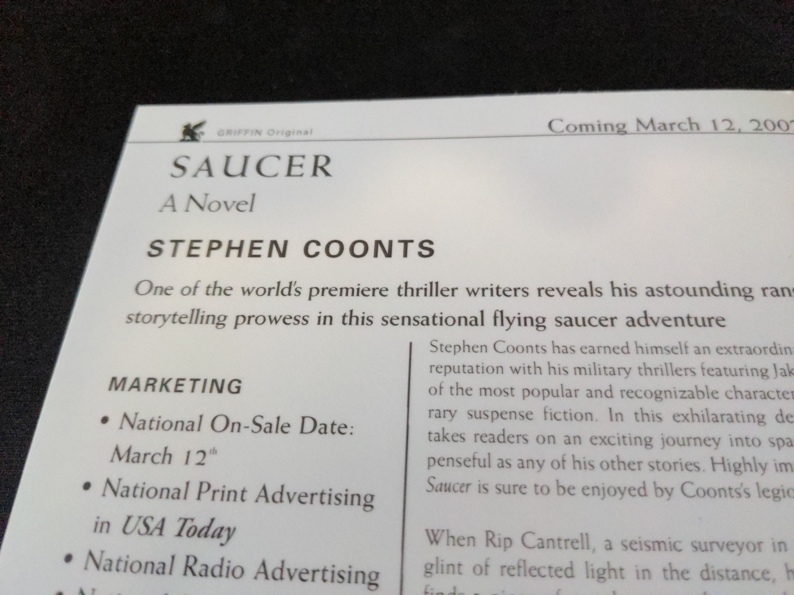 Uncorrected Proof – Saucer by STEPHEN COONTS 2002 PB ARC
