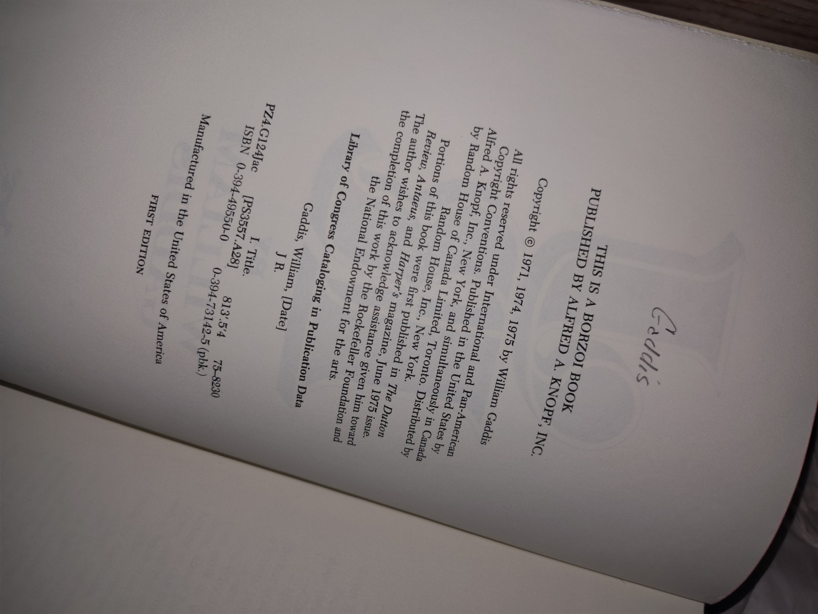 William Gaddis – JR, True First Edition, First Printing – Not BCE ,VG+ Mylar Cov
