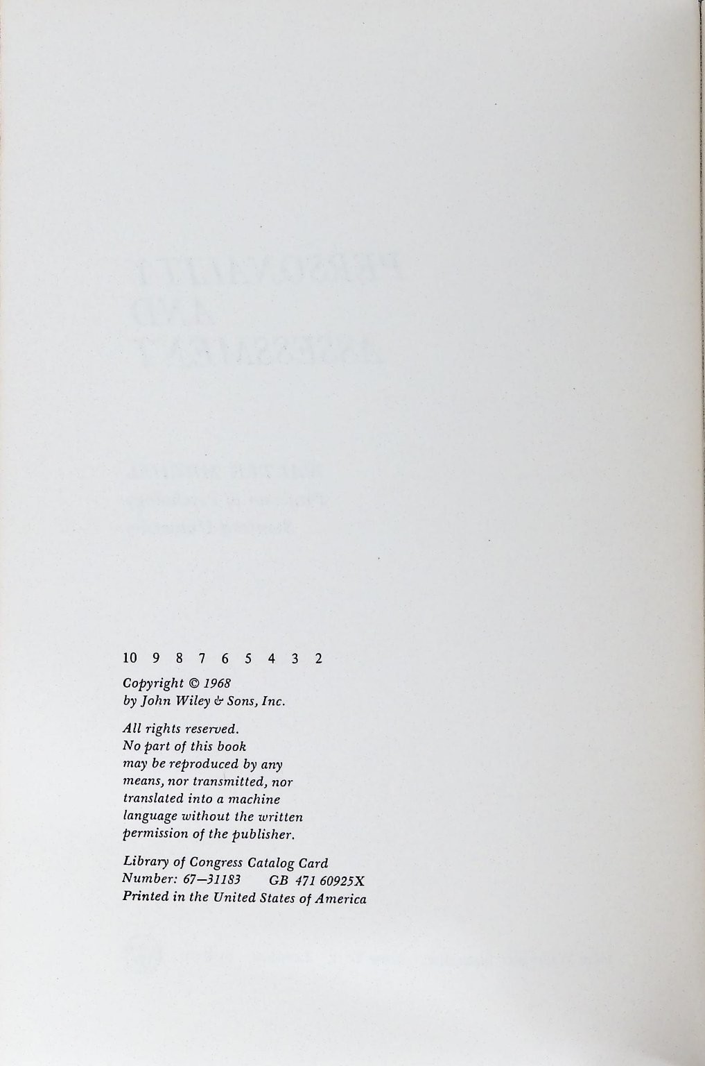 Personality and Assessment Walter Mischel 1968 2nd Print Psychology John Wiley