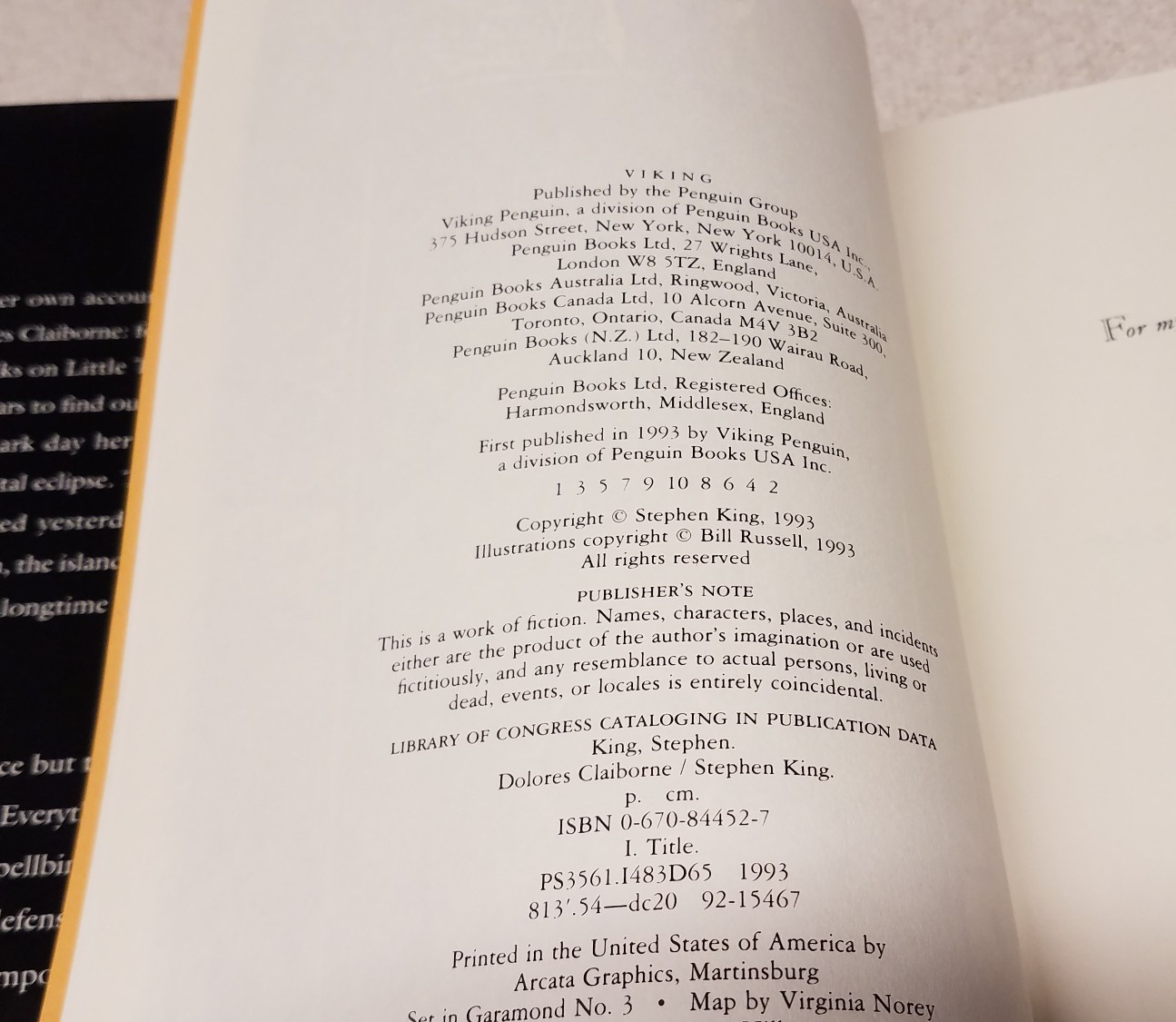 STEPHEN KING hardcover DOLORES CLAIBORNE COPYRIGHT ©1993 First edtion