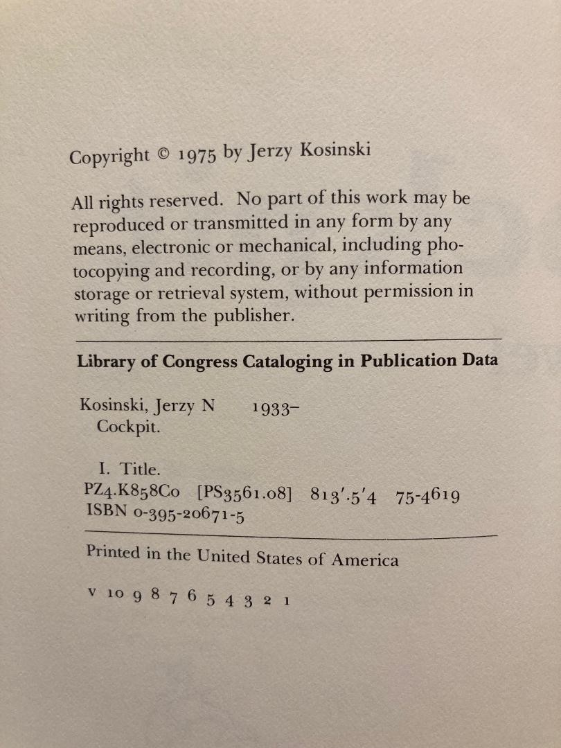 Cockpit by Jerzy Kosinski (First Edition, 1975, Hardcover)