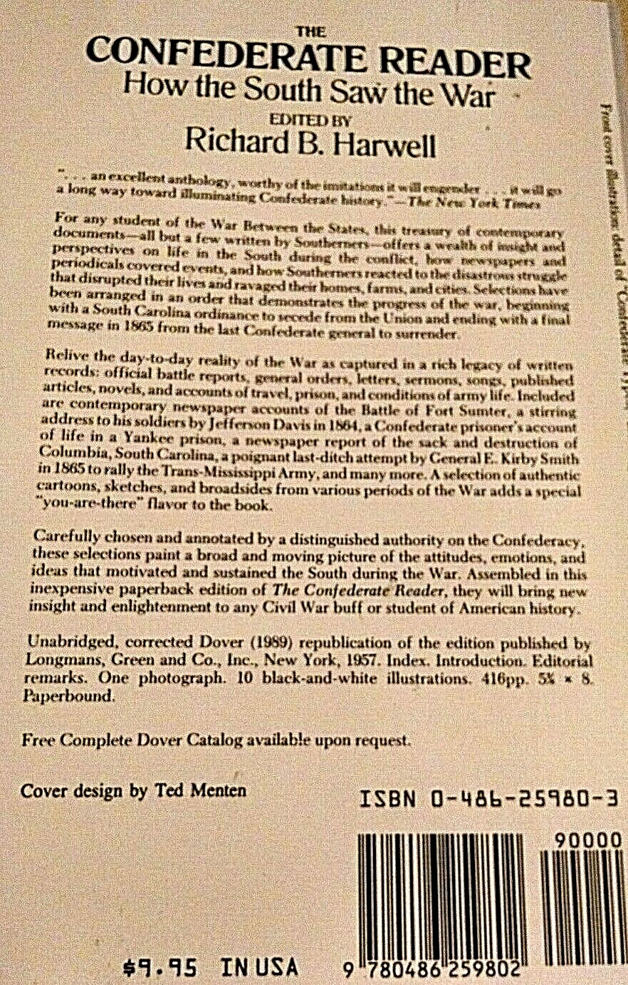 CONFEDERATE READER HOW THE SOUTH SAW THE WAR RICHARD HARWELL DOVER 1989 CIVIL.