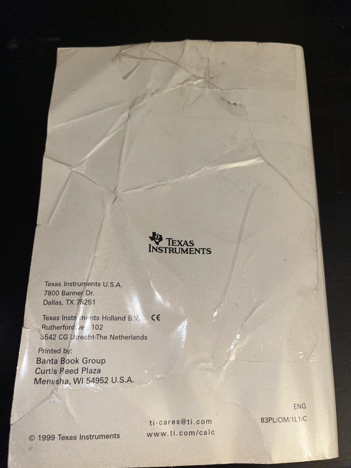 Texas Instruments TI-83 Plus Paperback Manual 1999 (Calculator Manual only)