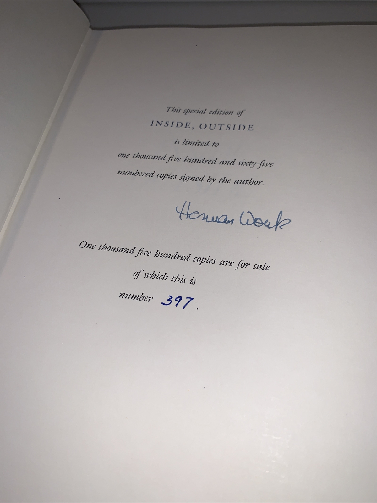 SIGNED – INSIDE, OUTSIDE by Herman Wouk (1985, Hardcover) #397 of 1565 Blue Ink!