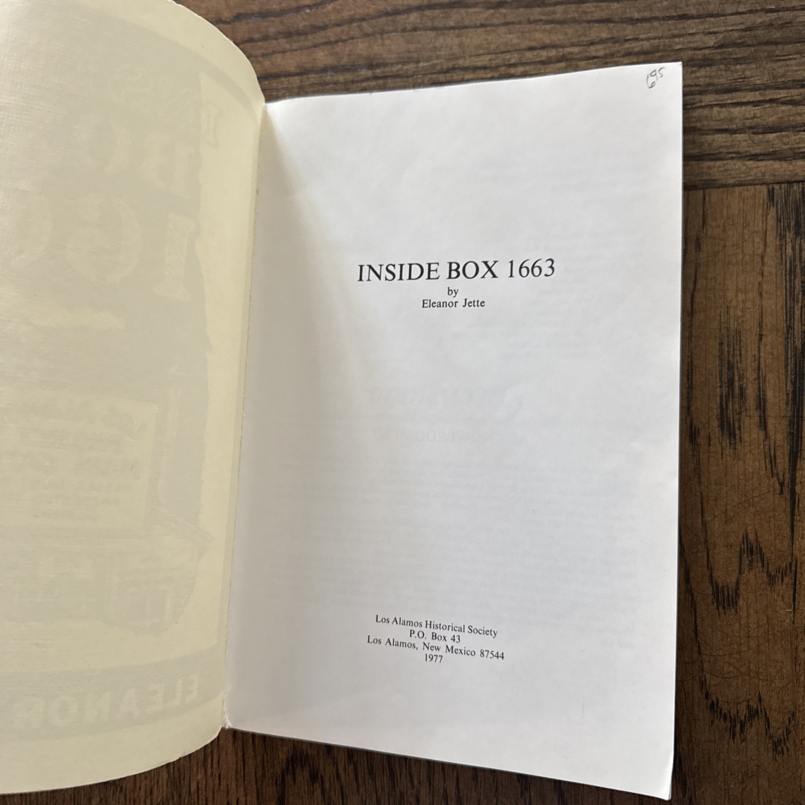 Inside Box 1663 by Eleanor Jette 1977 1st Edition Los Alamos Project PB