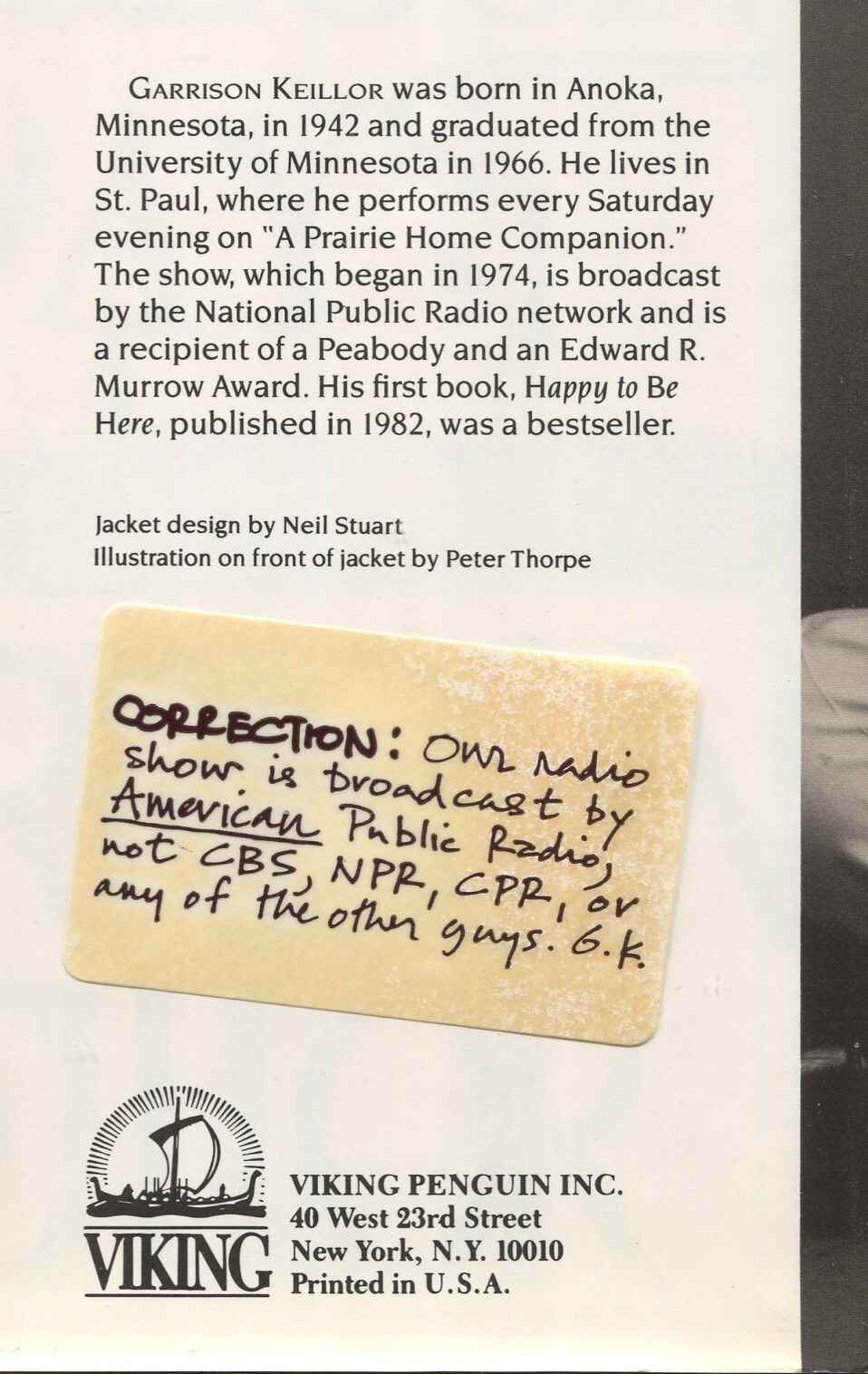 Lake Wobegon Days by Garrison Keillor (True 1st w/ Correction Sticker)