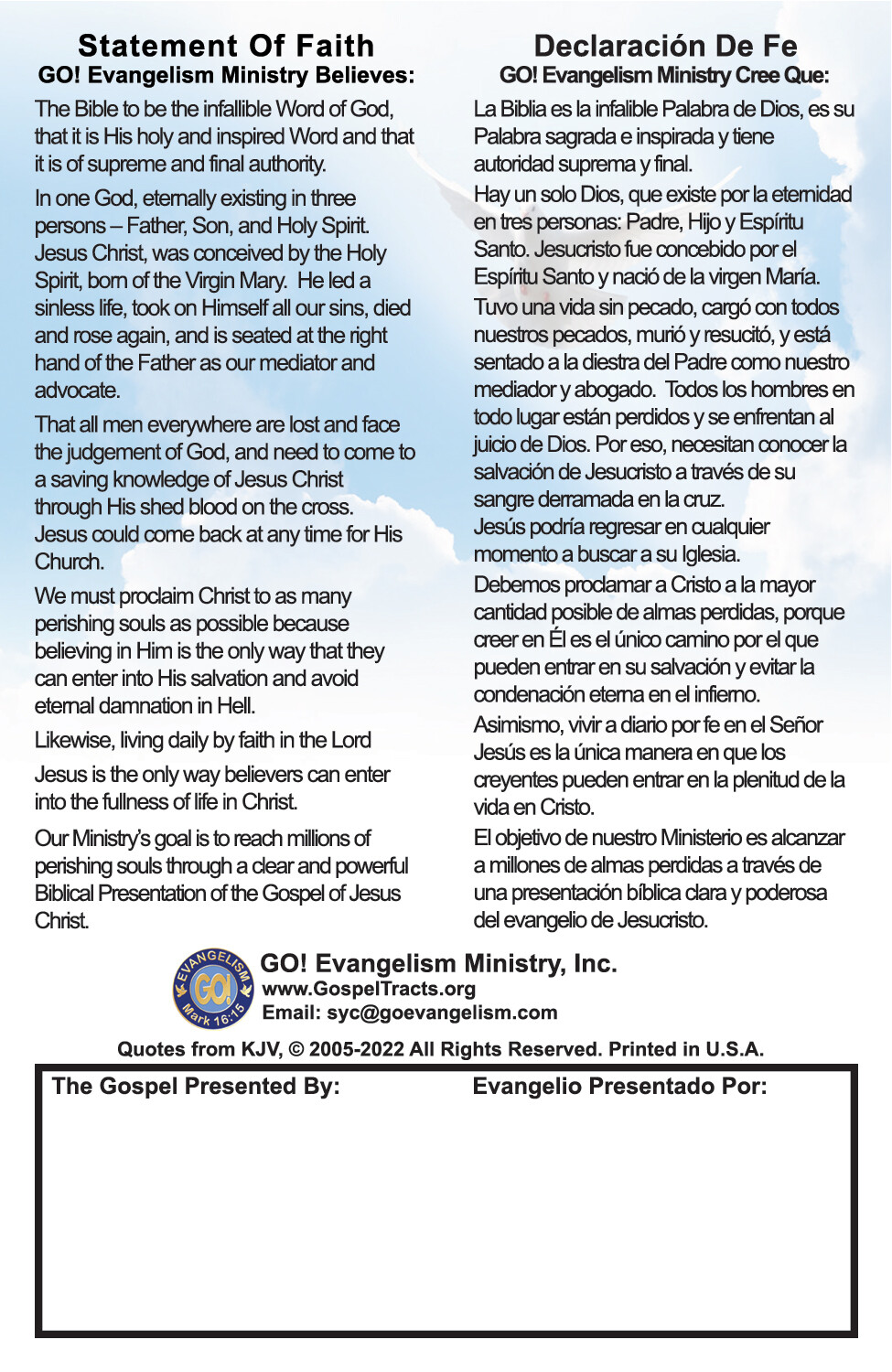 ENGLISH & SPANISH, RAPTURE BIBLE Tracts, 40 Units in 2 Covers, 20 Pages Each