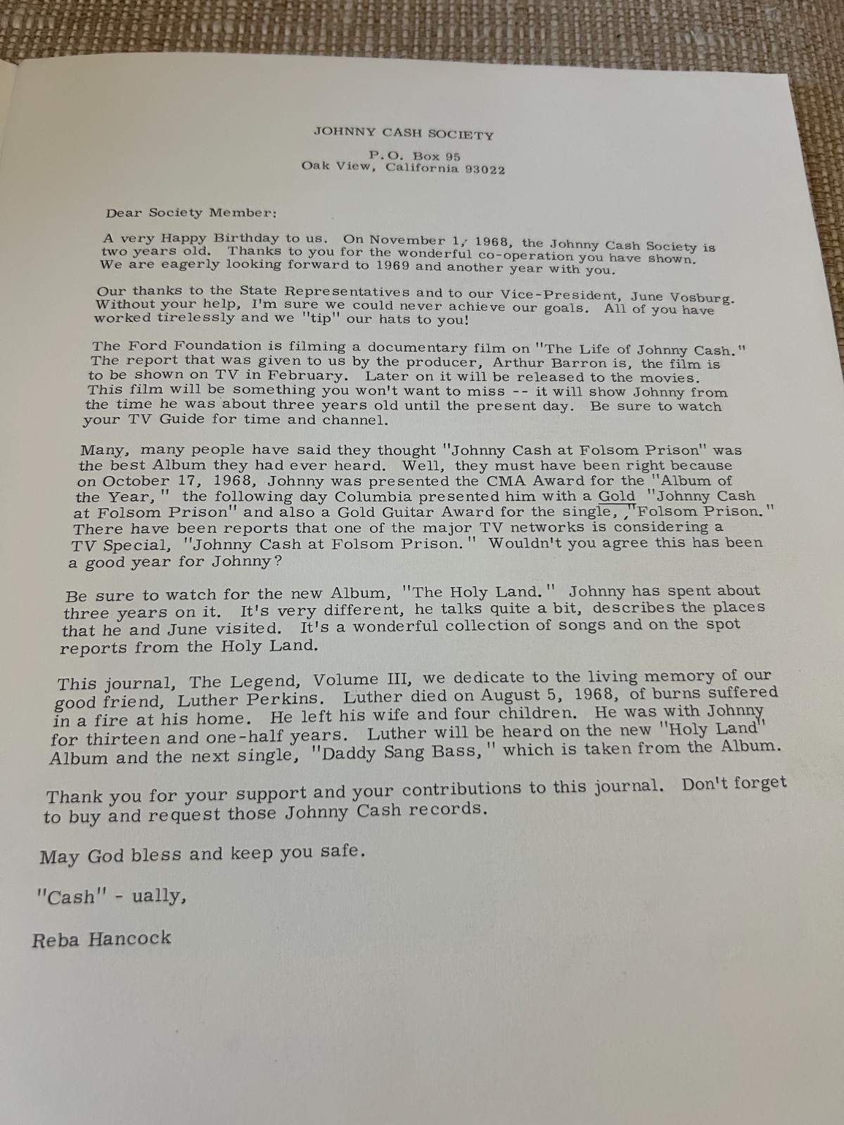 The Legend: Johnny Cash Society Publication 1968 Volume III Fan Club 50 Pages