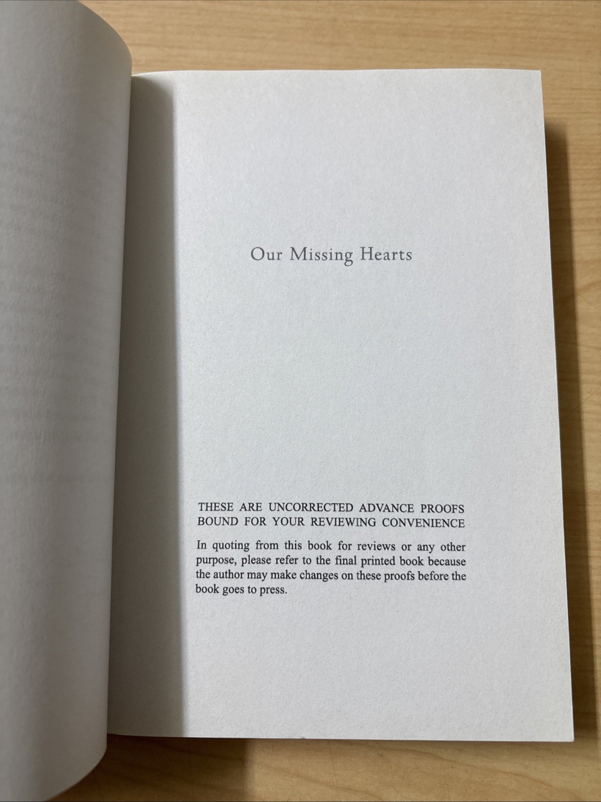 Our Missing Hearts Celeste Ng ARC Advance Reader Copy Uncorrected Proof Galley