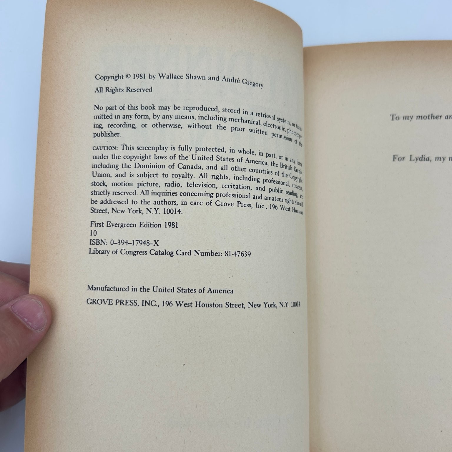 My Dinner with Andre Shawn Gregory 1981 First Evergreen Screenplay Grove Press