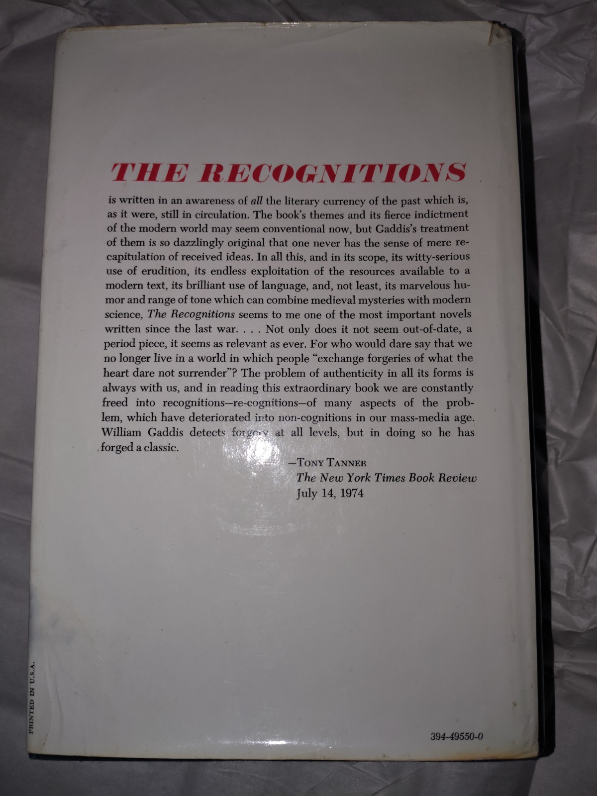 William Gaddis – JR, True First Edition, First Printing – Not BCE ,VG+ Mylar Cov