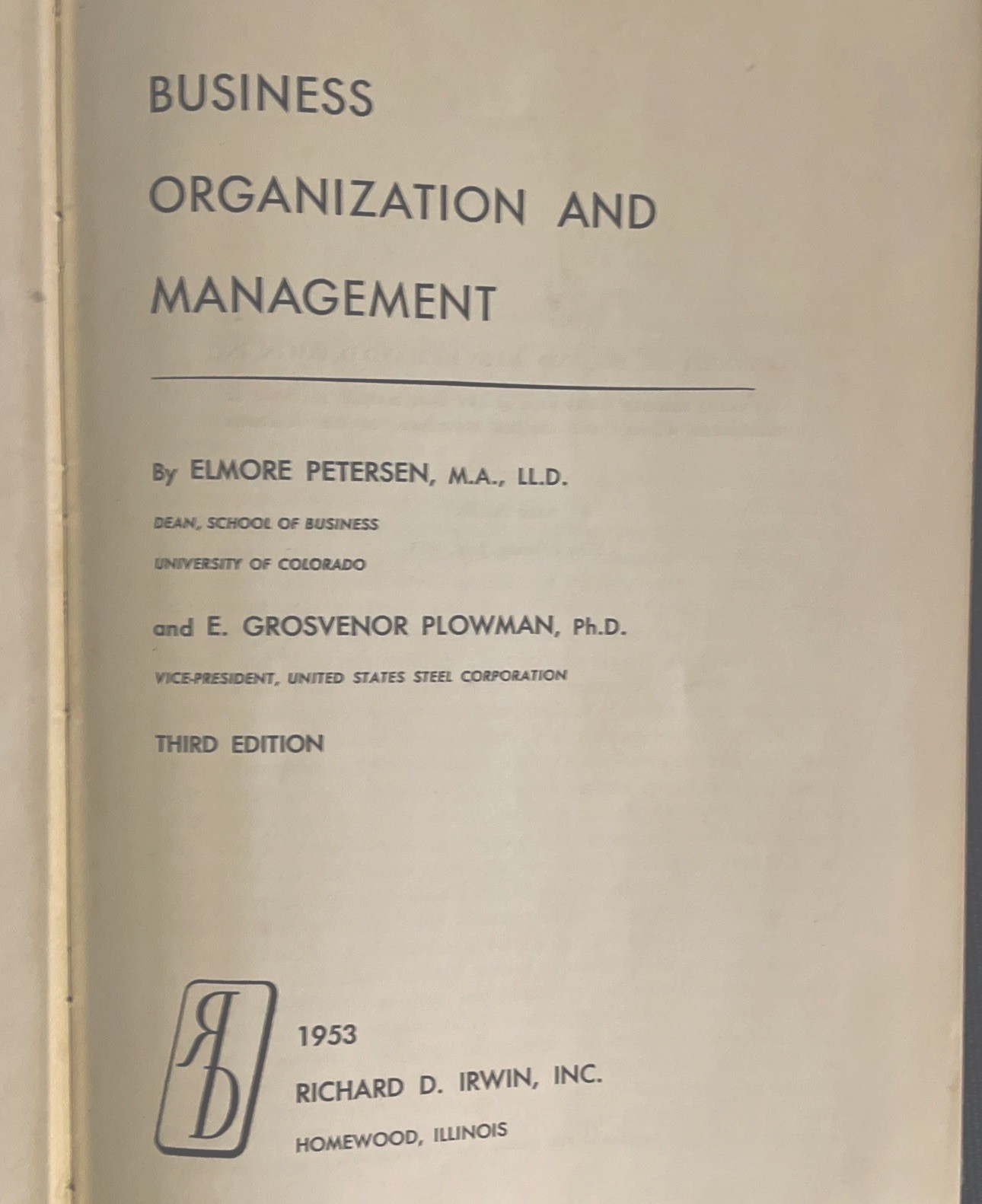 1953 Business Organization And Management Petersen Plowman Hardcover Book