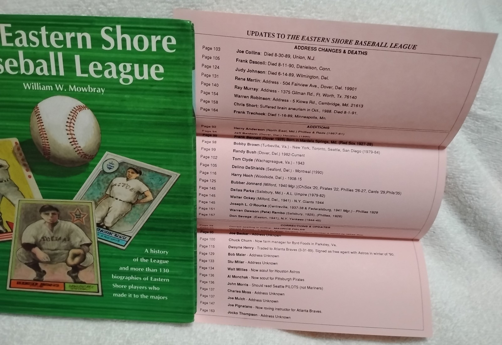 The Eastern Shore Baseball League by William W. Mowbray HC 1989 1st Edition