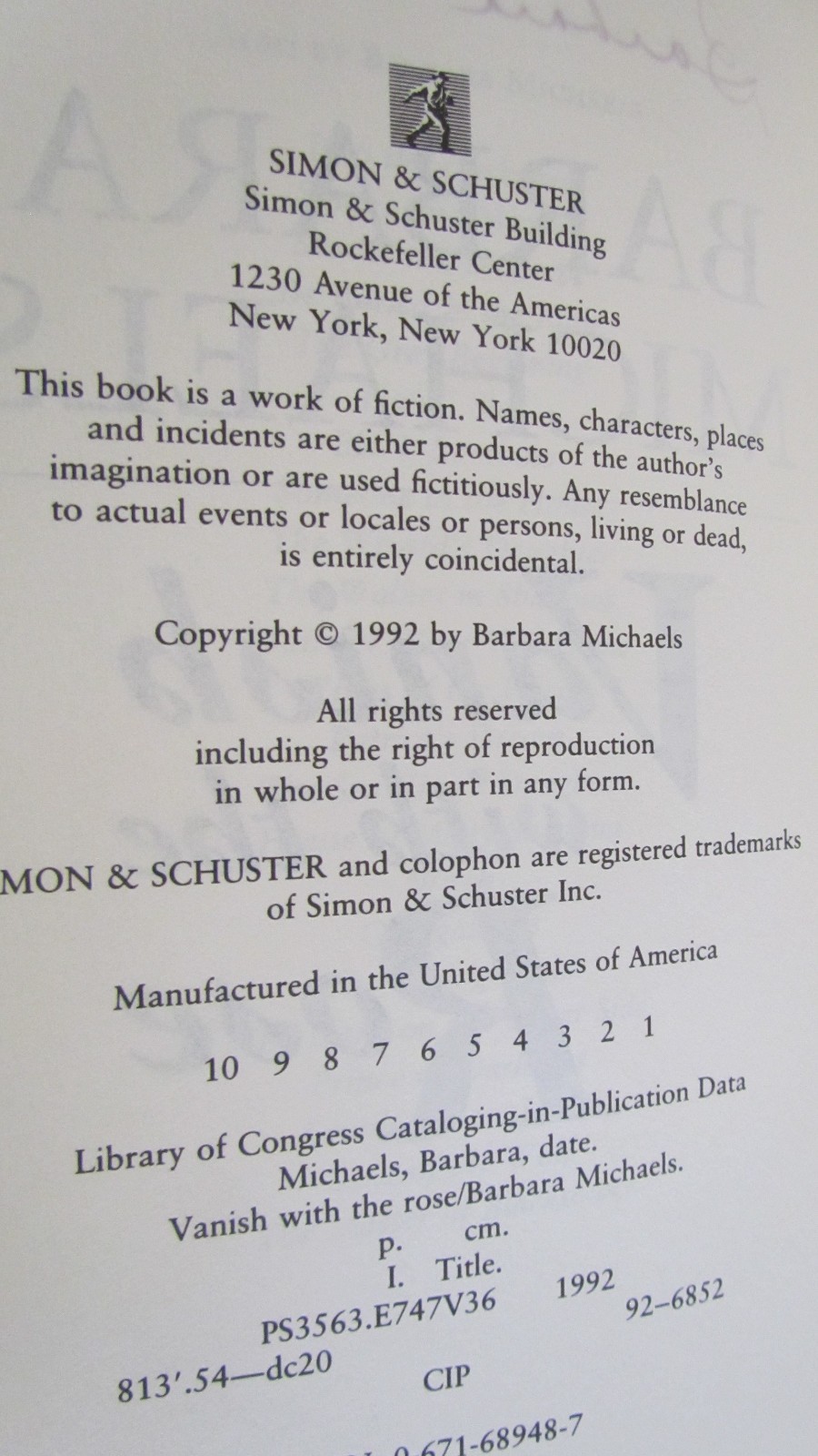 SIGNED 1st Ed Vanish With the Rose by Barbara Michaels HC/DJ Fine/Fine