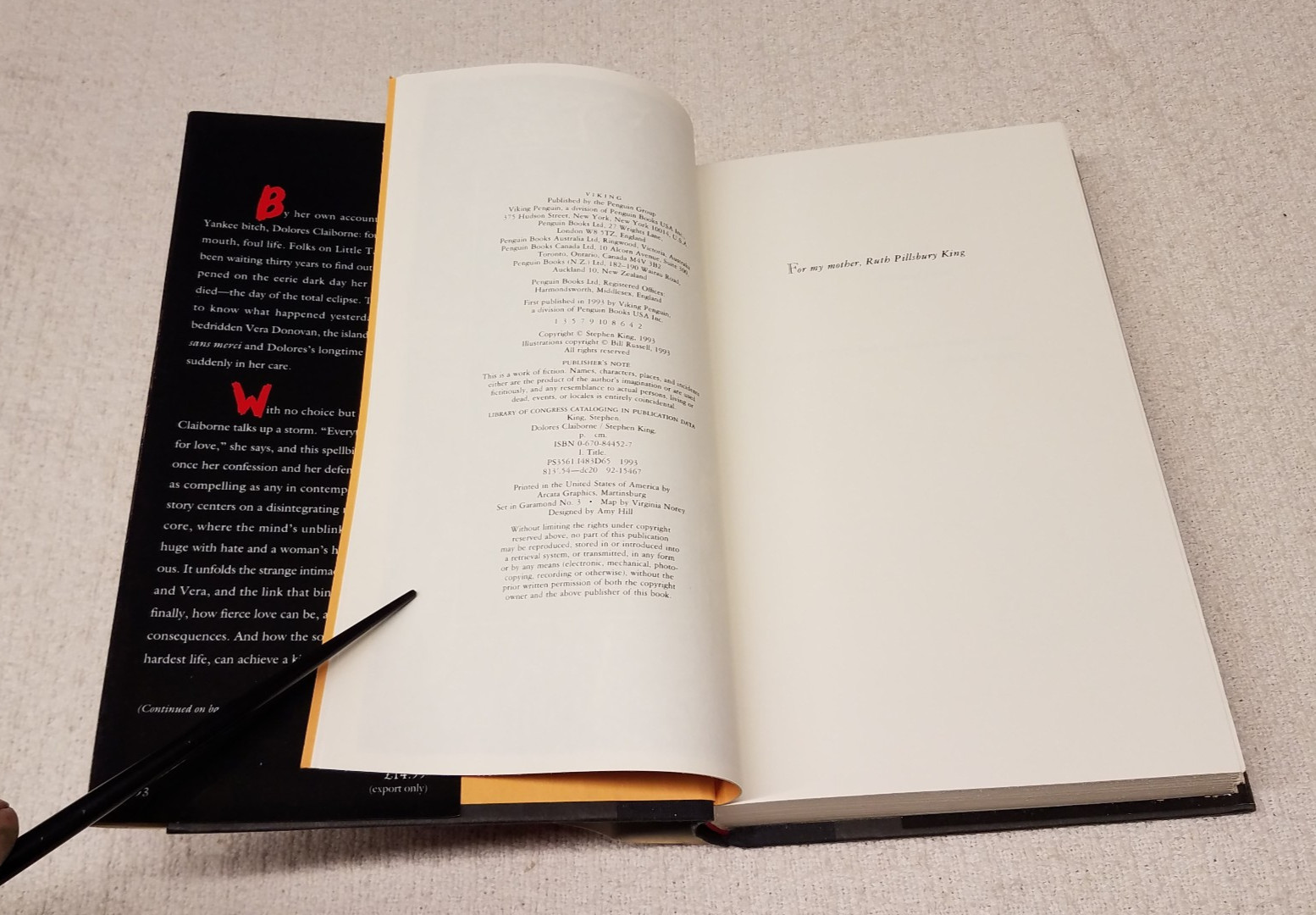 STEPHEN KING hardcover DOLORES CLAIBORNE COPYRIGHT ©1993 First edtion
