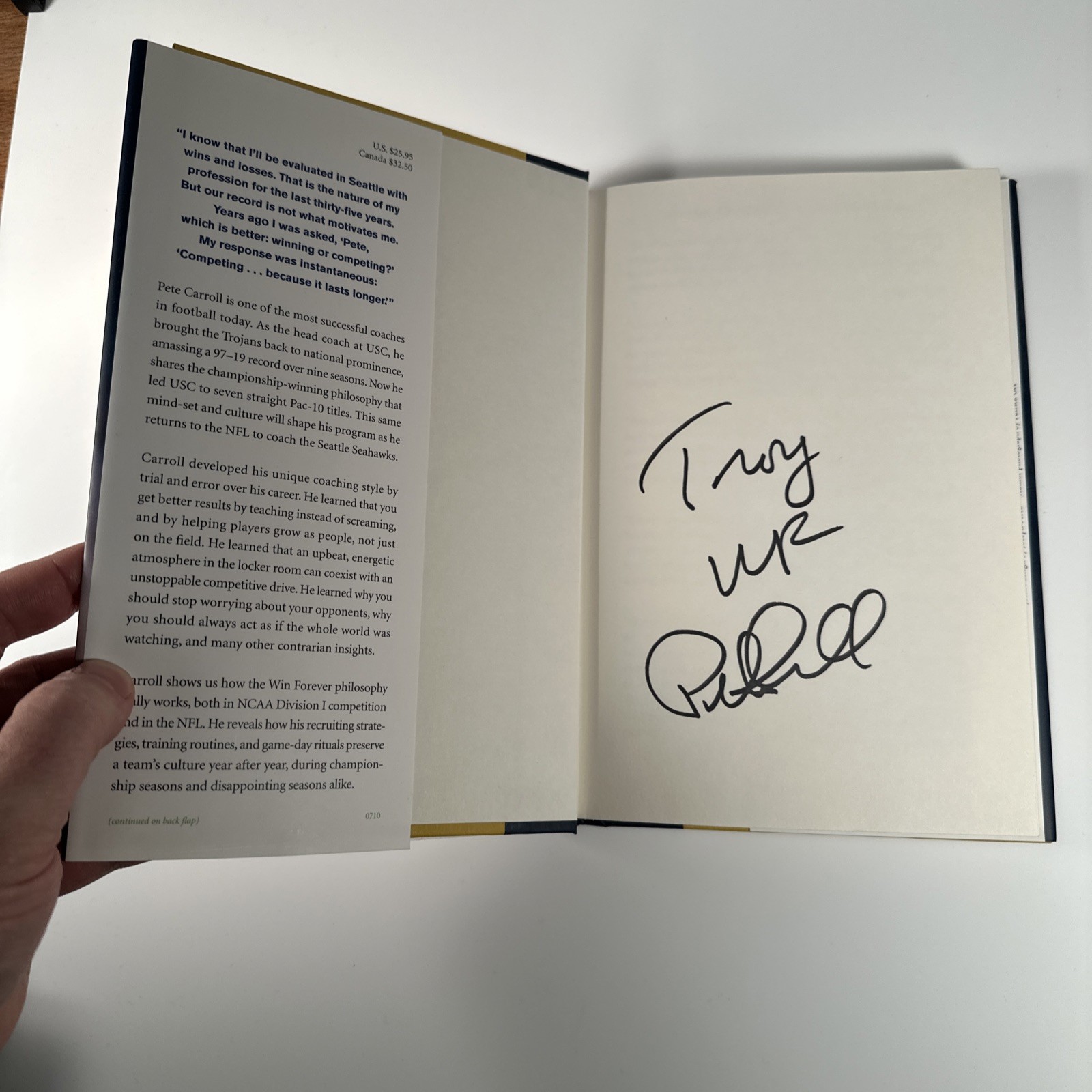 SIGNED – WIN FOREVER by Pete Carroll (Hardcover, 2010) 1st ed. Seattle Seahawks