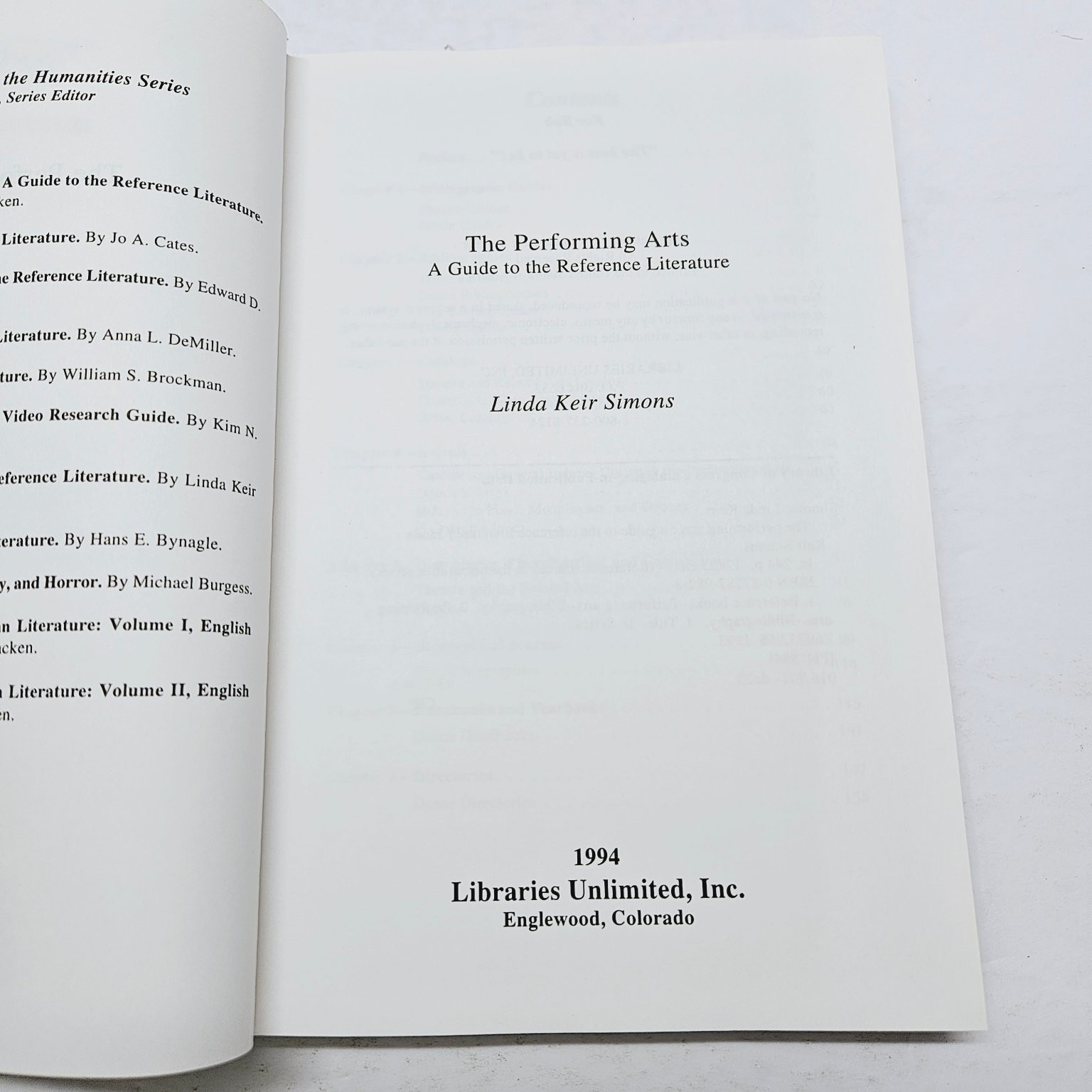 Performing Arts Reference Literature Linda Keir Simons 1994 HC Ex-Lib