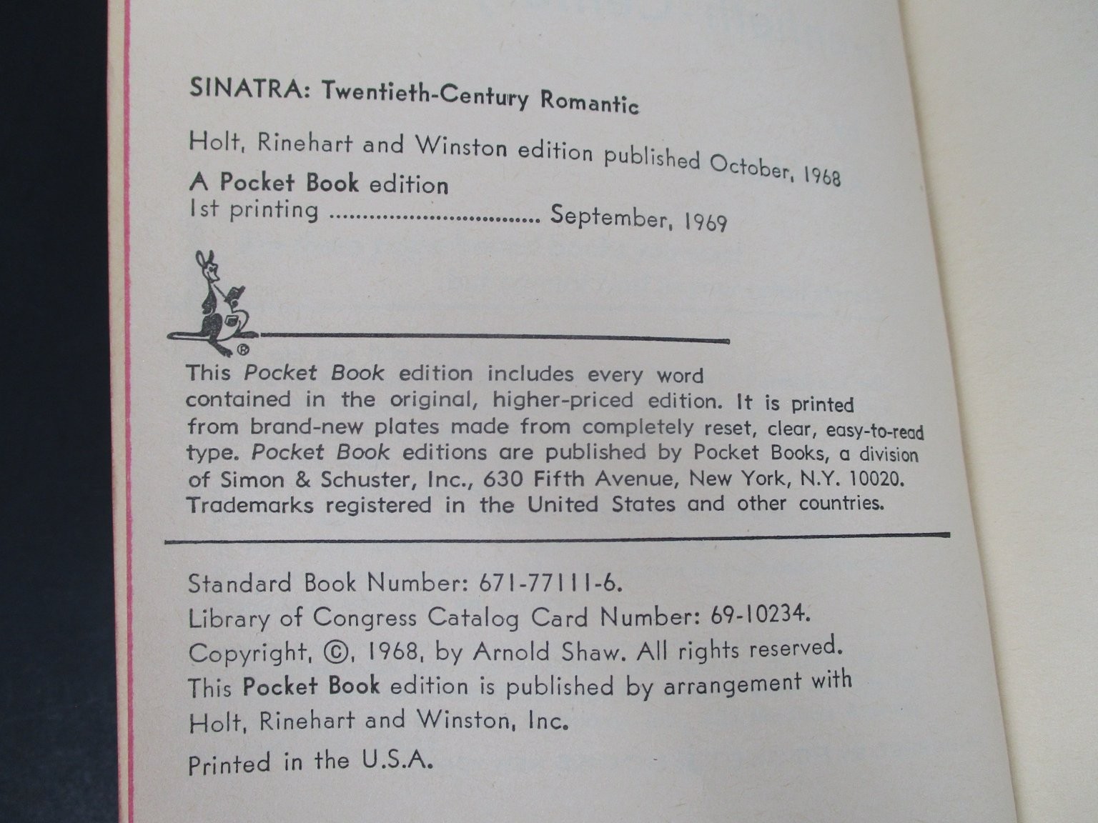 Sinatra Twentieth-Century Romantic Arnold Shaw 1968 Pocket Books