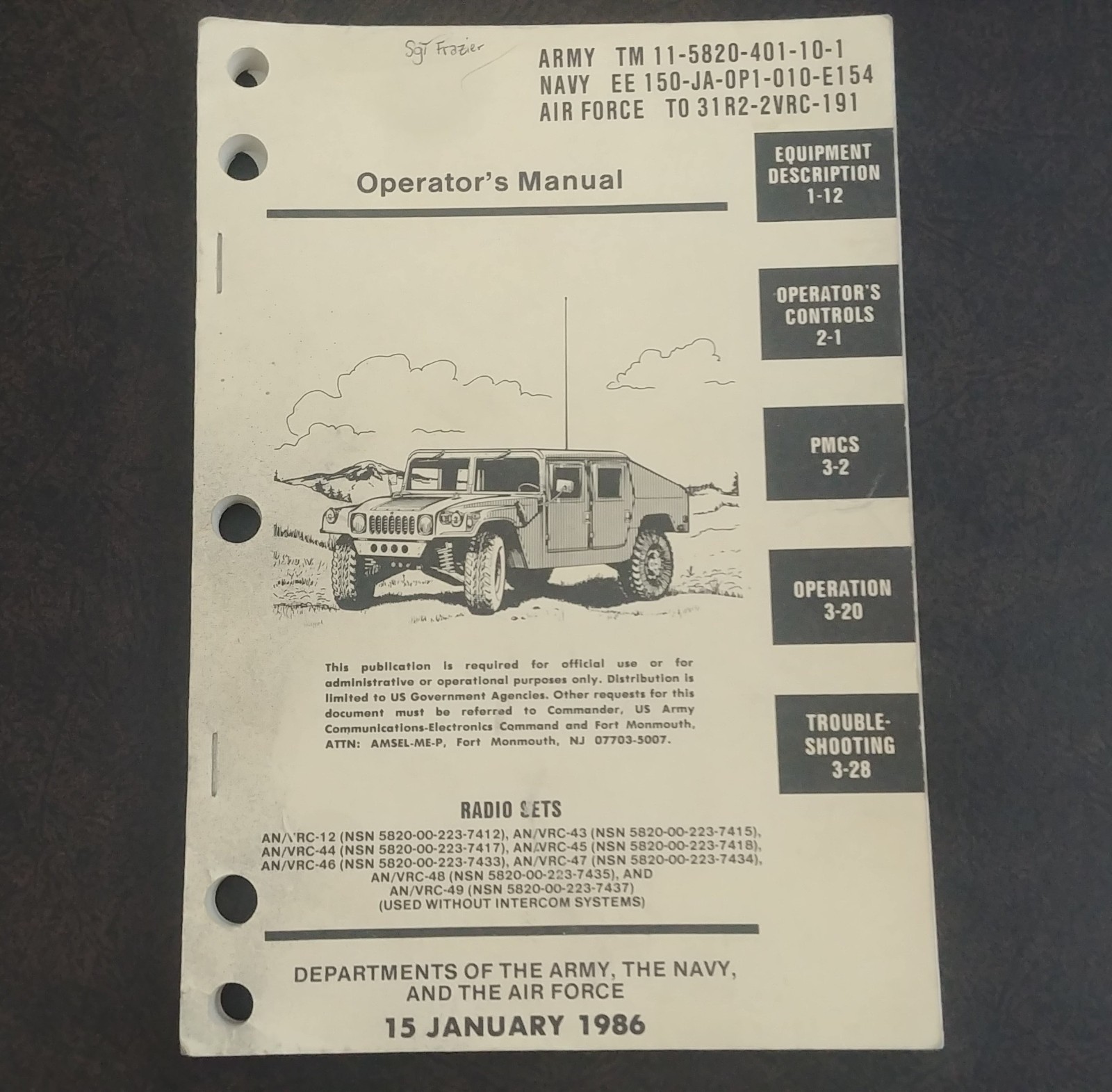 1986 U.S. Army Radio Sets Booklet – Communications / Operation / Equipment